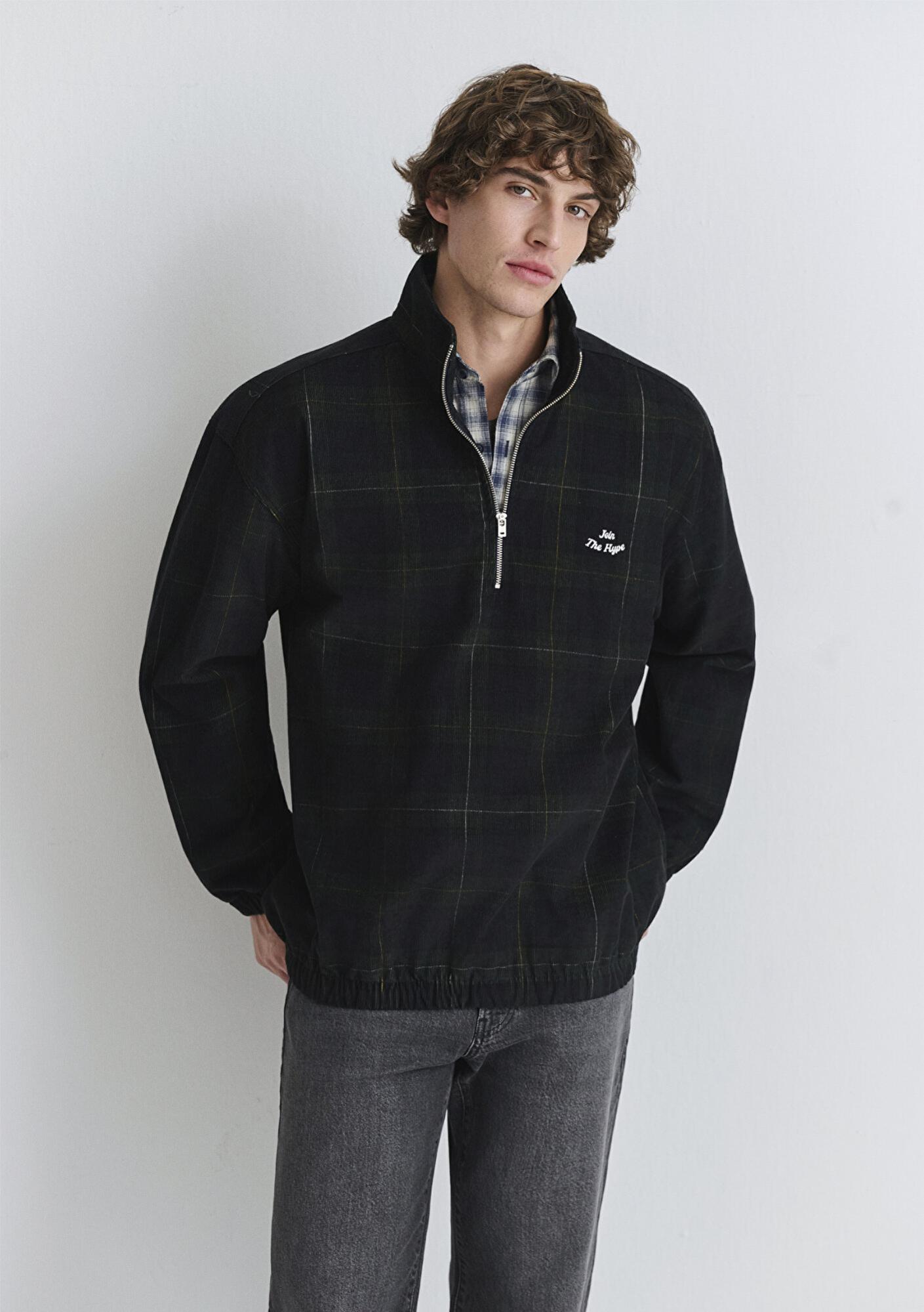 Mavi Yarı Fermuarlı Kareli Siyah Sweatshirt 0211777-91298