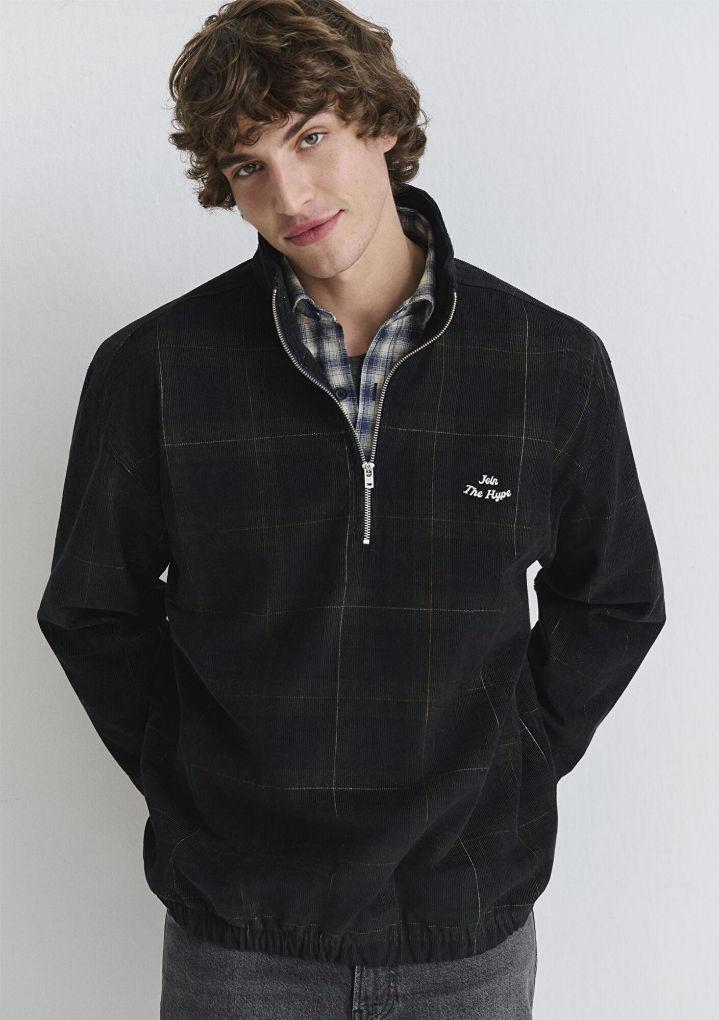 Mavi Yarı Fermuarlı Kareli Siyah Sweatshirt 0211777-91298