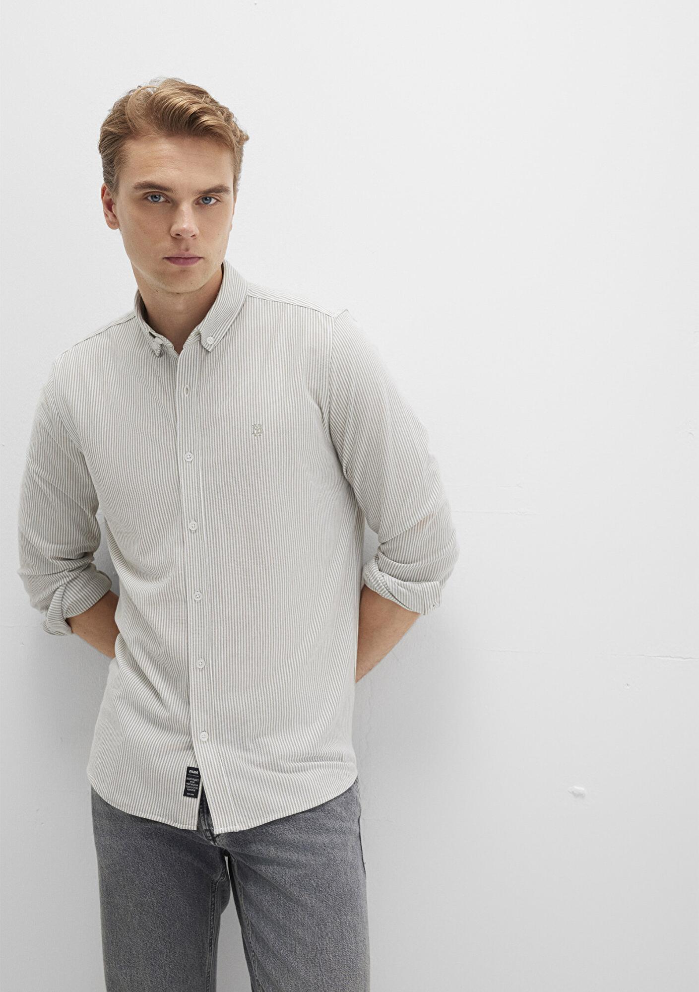 Mavi Çizgili Haki Gömlek Slim Fit / Dar Kesim 0211402-91332