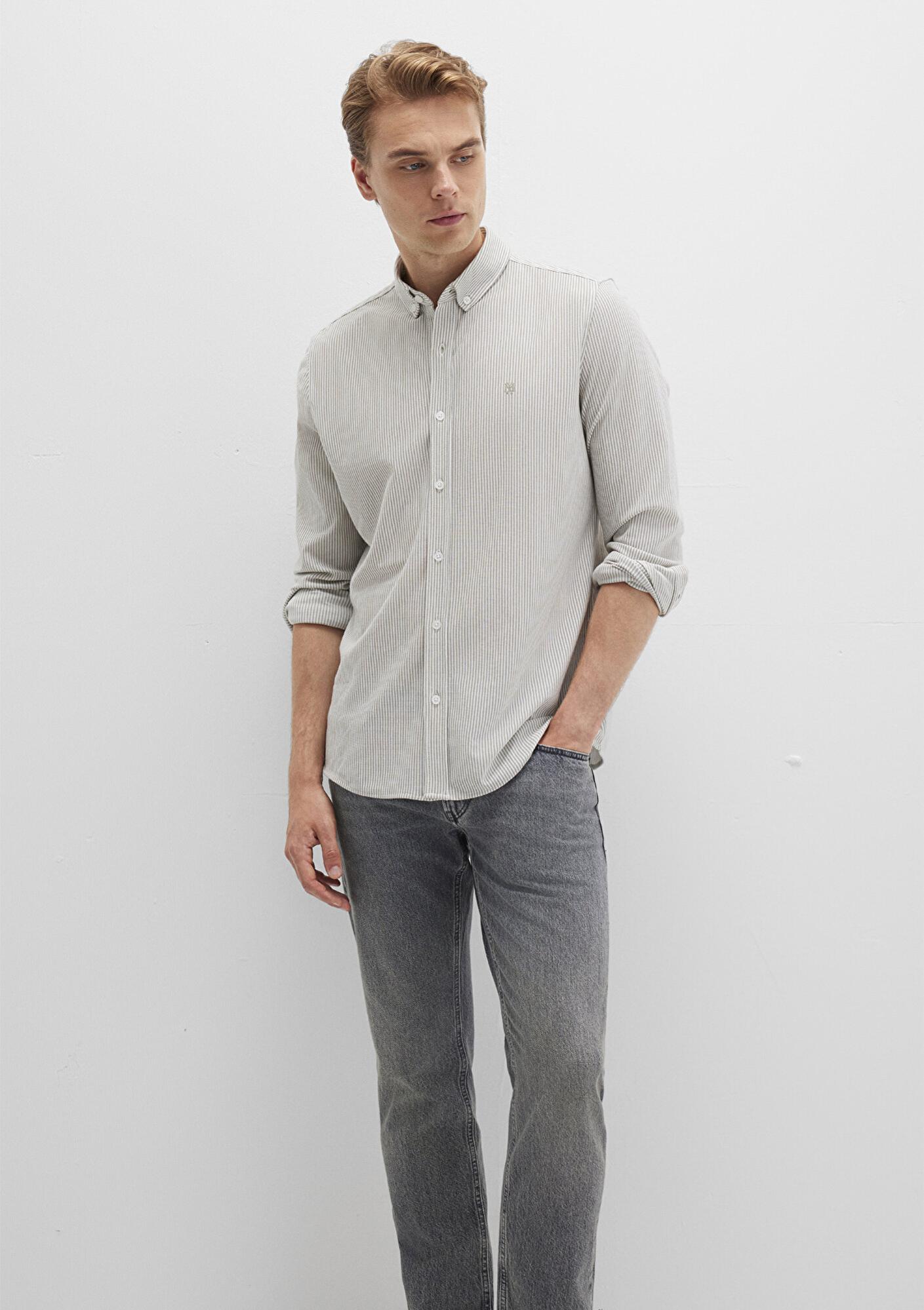 Mavi Çizgili Haki Gömlek Slim Fit / Dar Kesim 0211402-91332