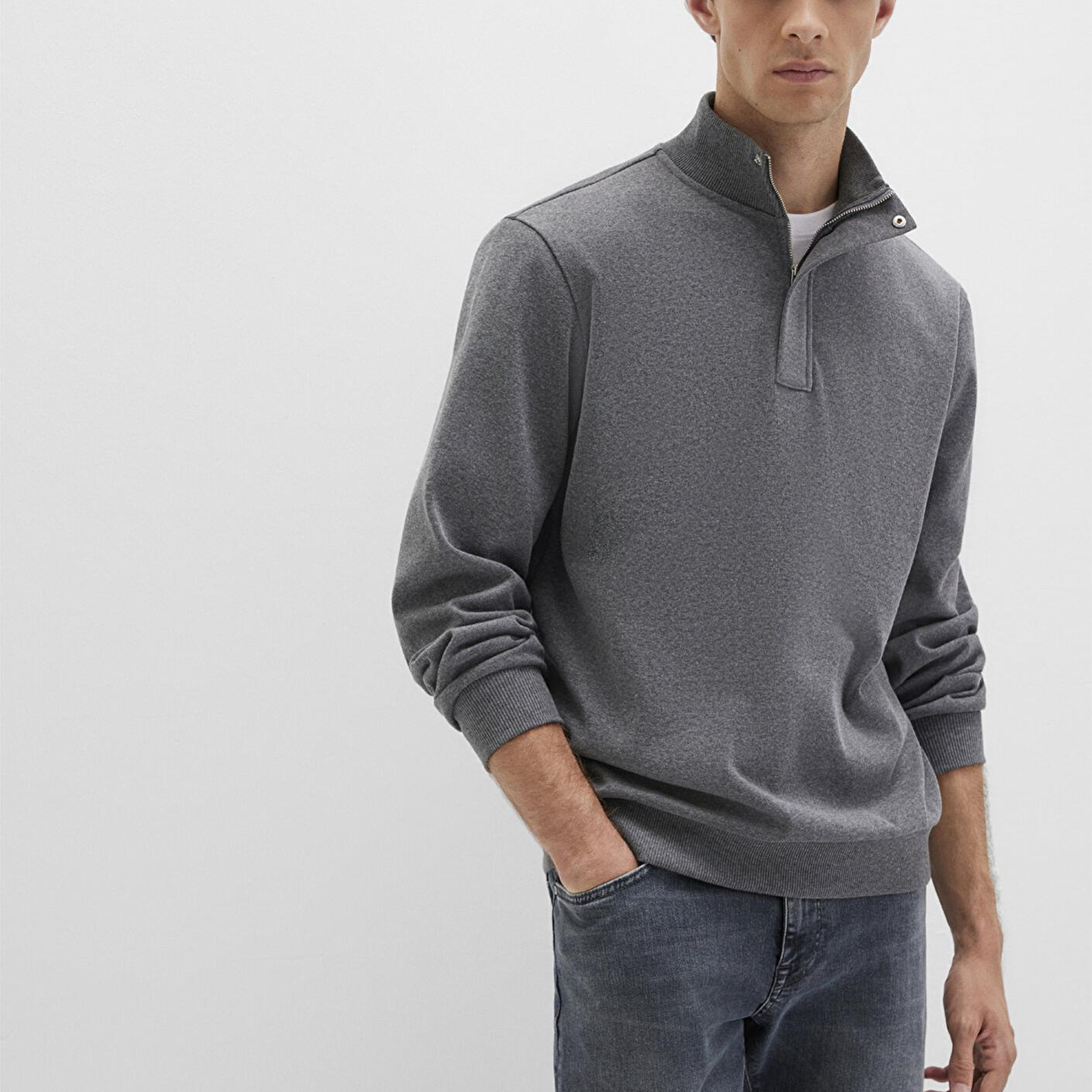 Mavi Düğme Detaylı Dik Yaka Gri Sweatshirt 0S10472-80018