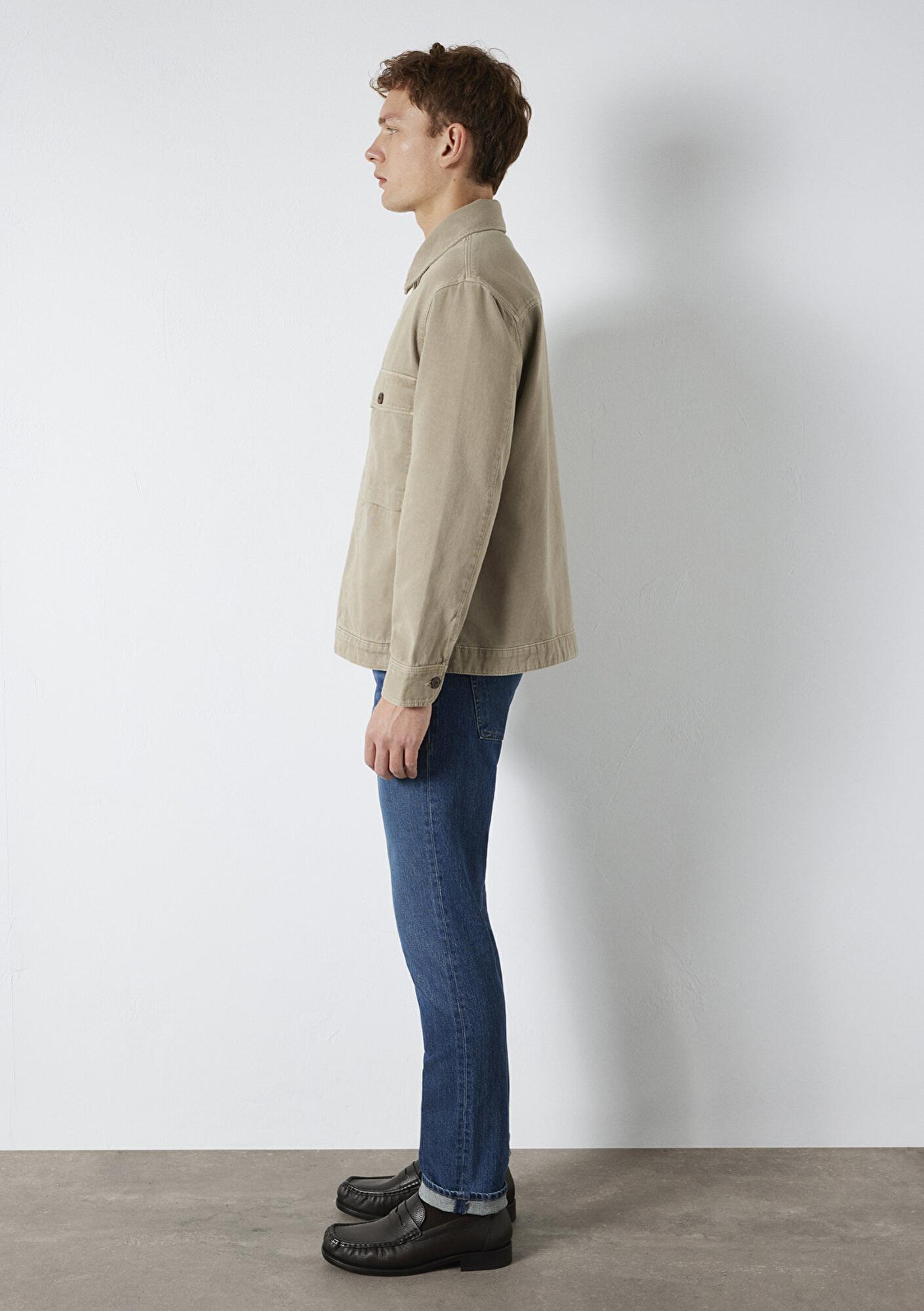 Mavi Cep Detaylı Bej Gömlek Loose Fit / Bol Rahat Kesim 0211778-70355