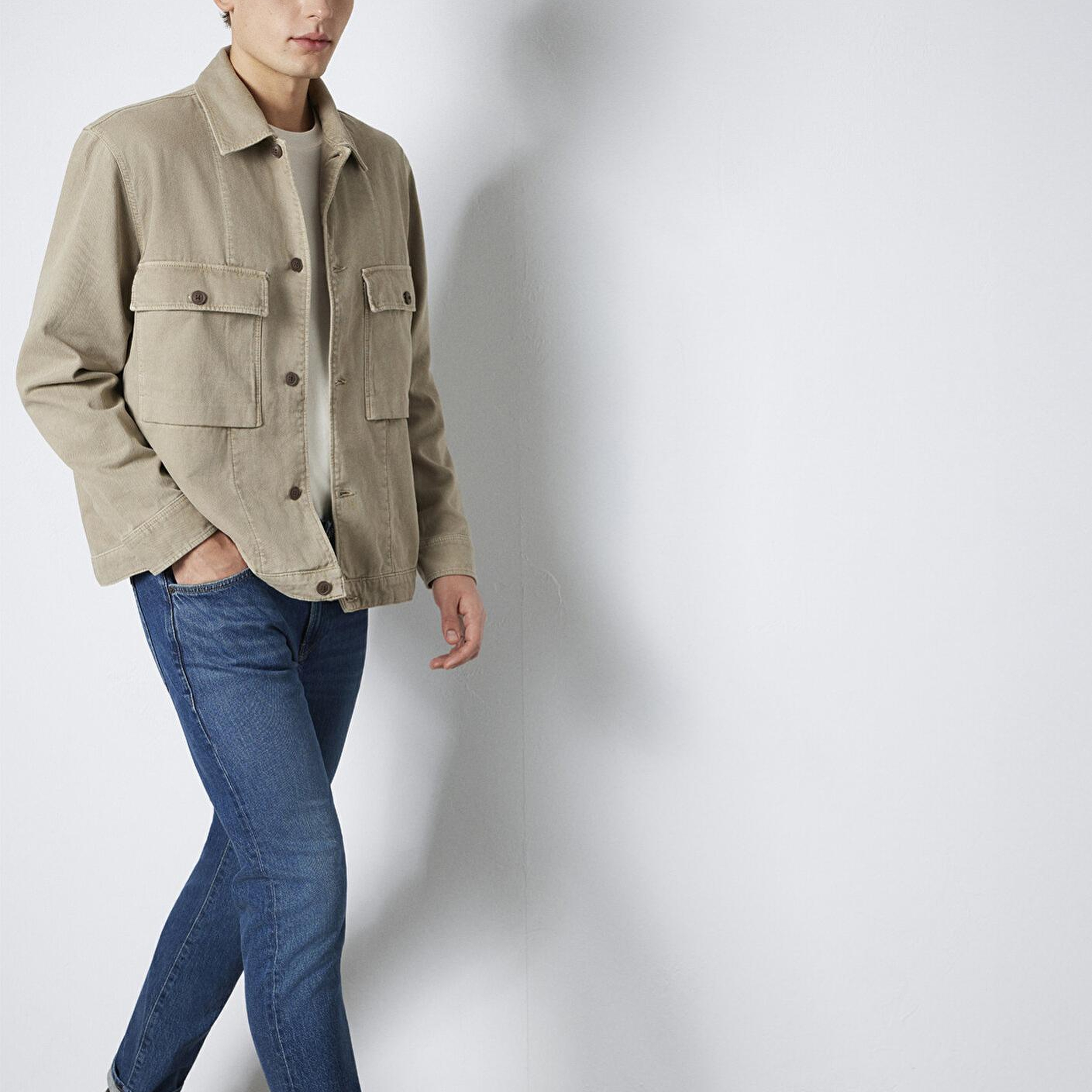 Mavi Cep Detaylı Bej Gömlek Loose Fit / Bol Rahat Kesim 0211778-70355