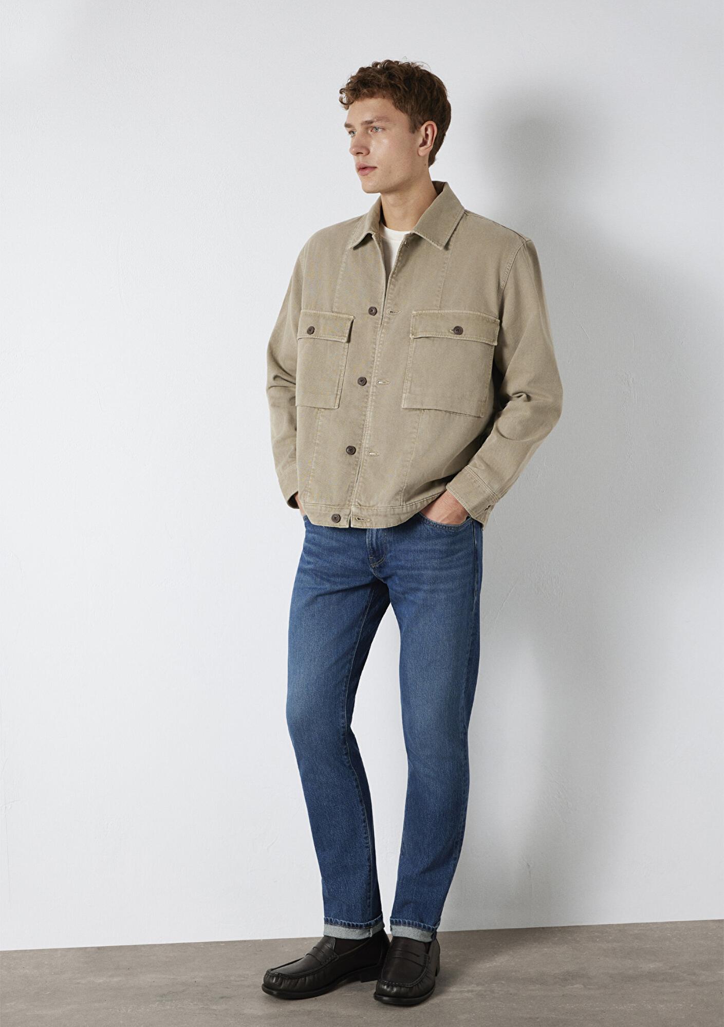 Mavi Cep Detaylı Bej Gömlek Loose Fit / Bol Rahat Kesim 0211778-70355