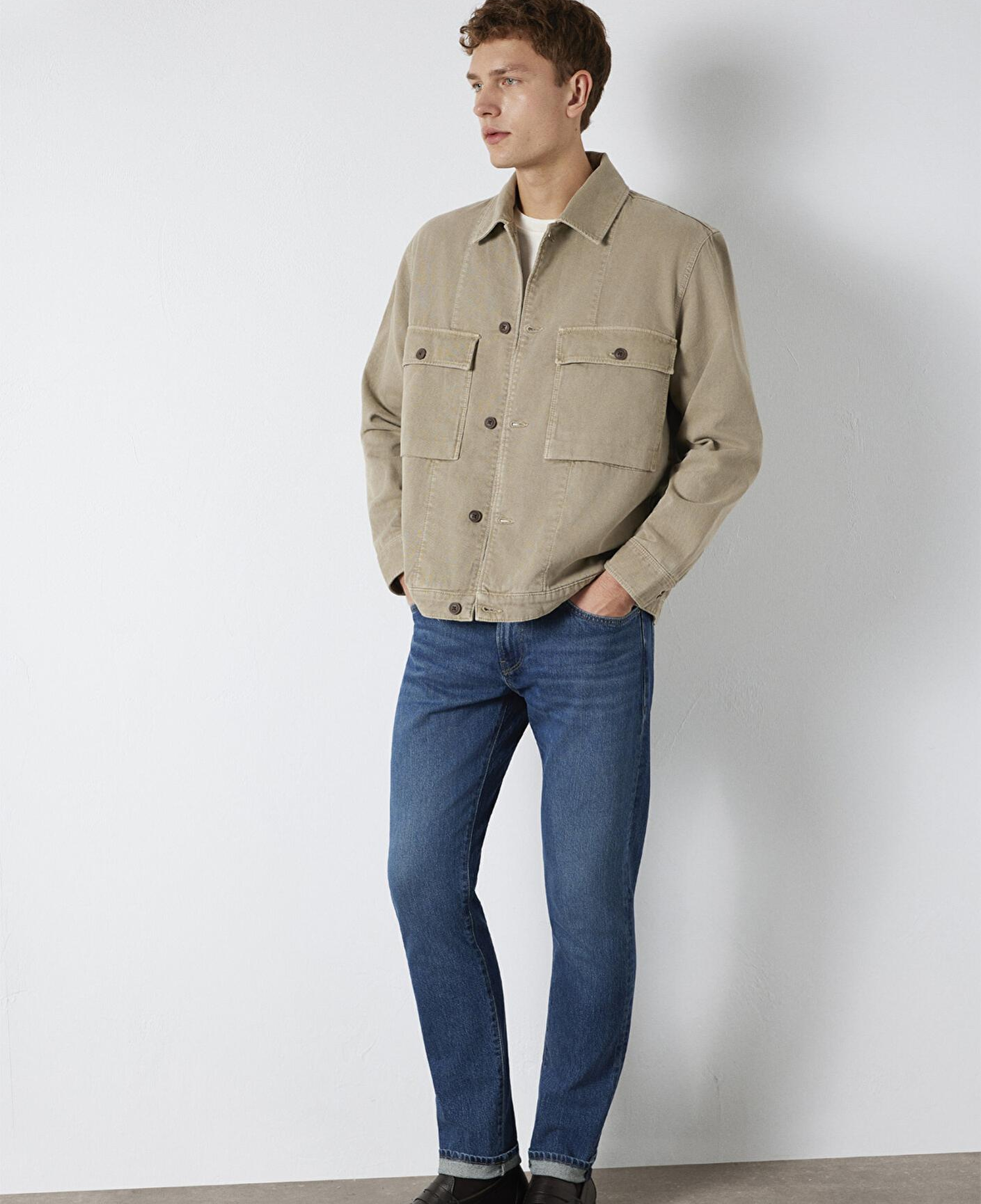 Mavi Cep Detaylı Bej Gömlek Loose Fit / Bol Rahat Kesim 0211778-70355