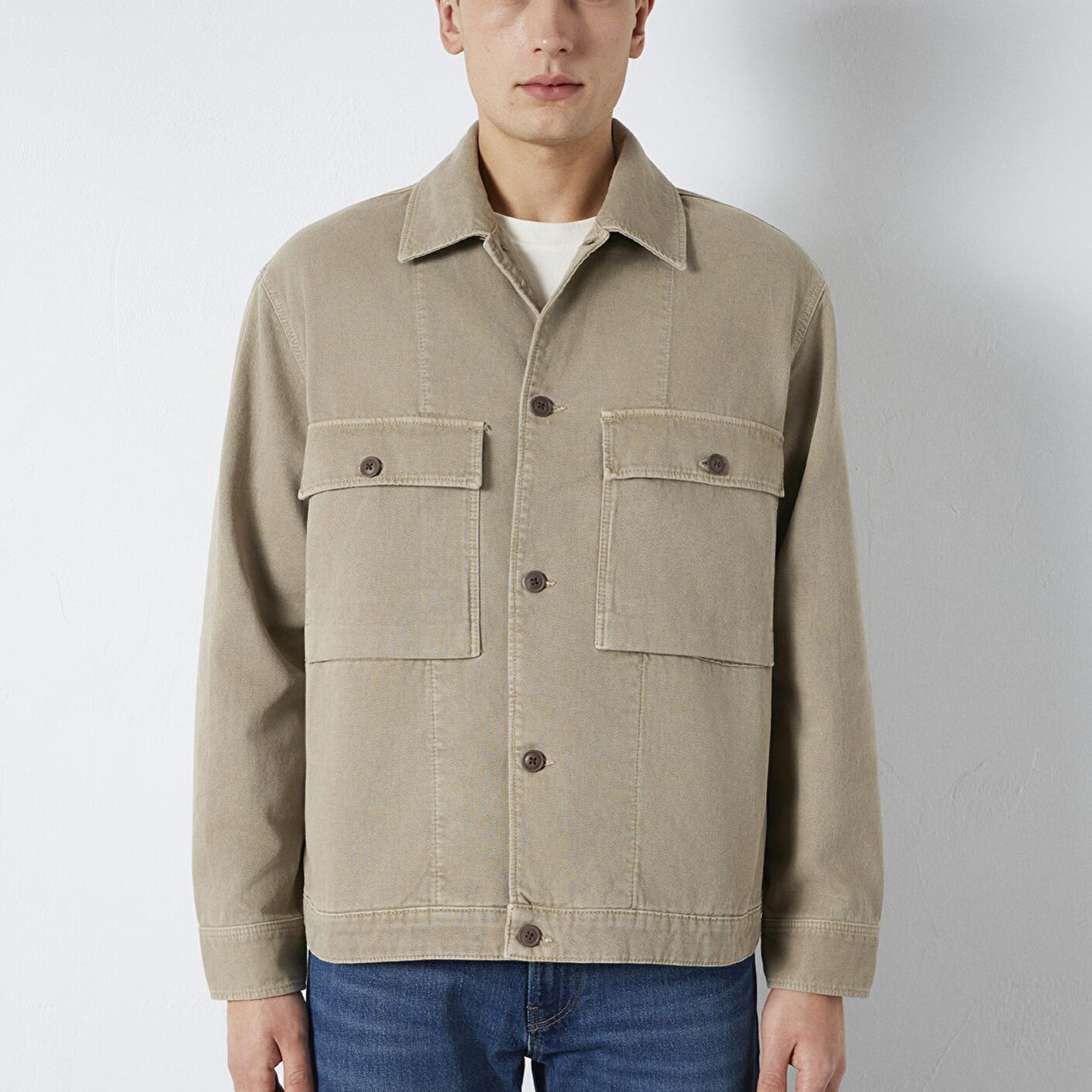 Mavi Cep Detaylı Bej Gömlek Loose Fit / Bol Rahat Kesim 0211778-70355