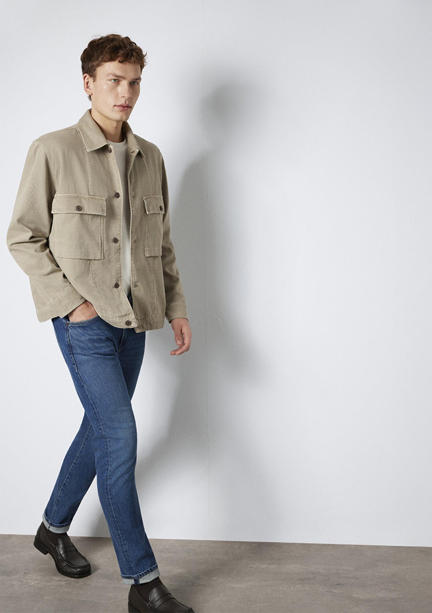 Mavi Cep Detaylı Bej Gömlek Loose Fit / Bol Rahat Kesim 0211778-70355