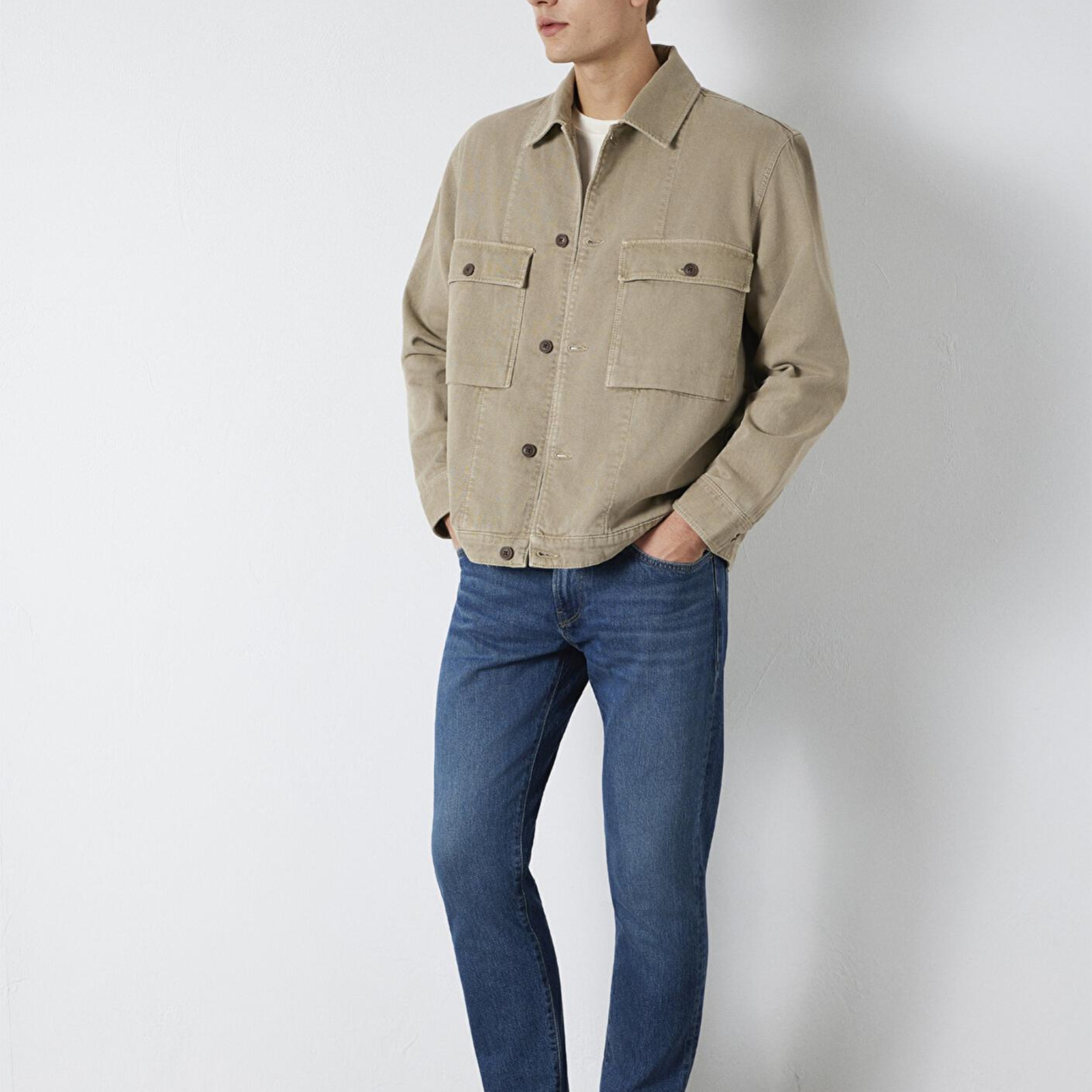 Mavi Cep Detaylı Bej Gömlek Loose Fit / Bol Rahat Kesim 0211778-70355