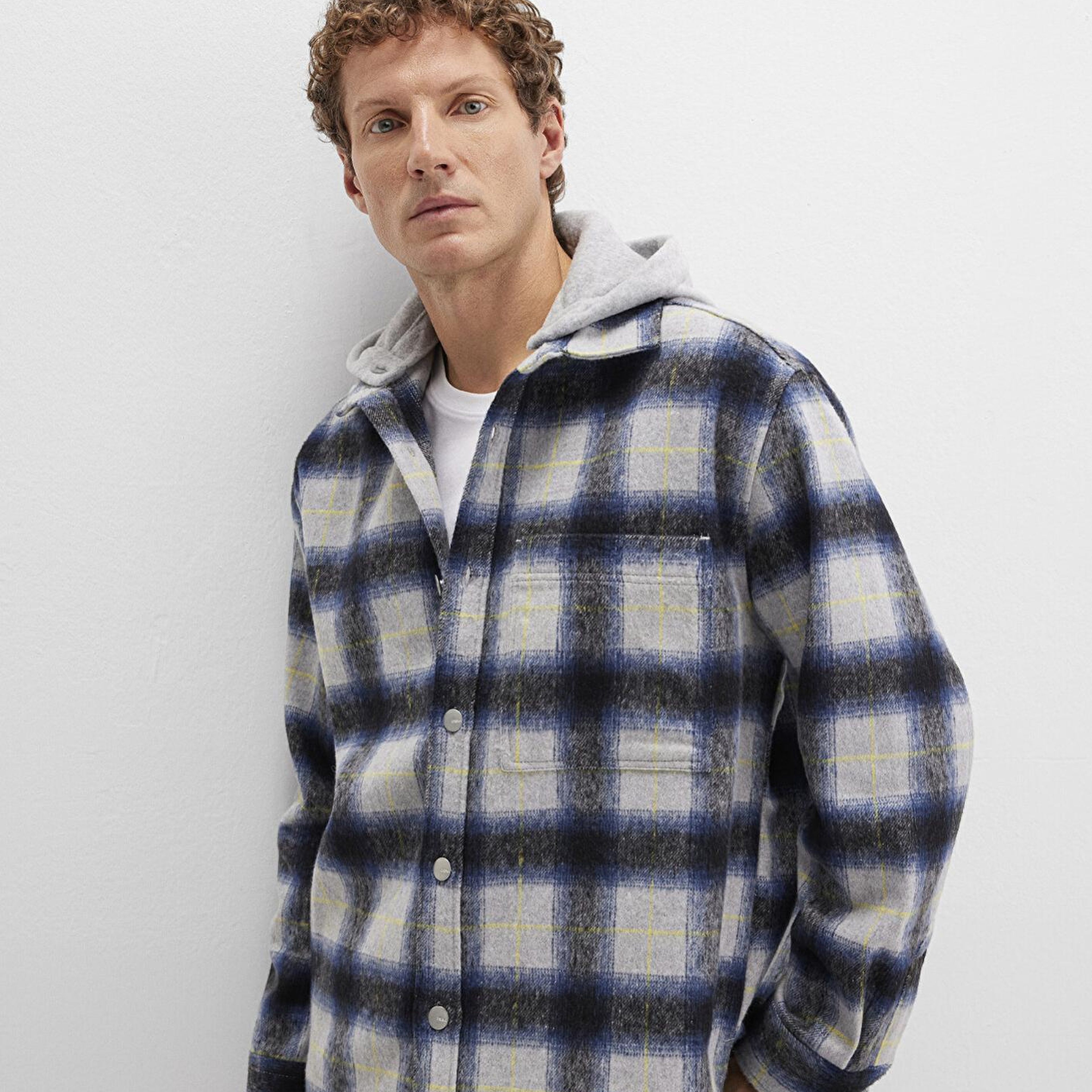 Mavi Yün Karışımlı Kareli Gömlek Loose Fit / Bol Rahat Kesim 0211786-91301