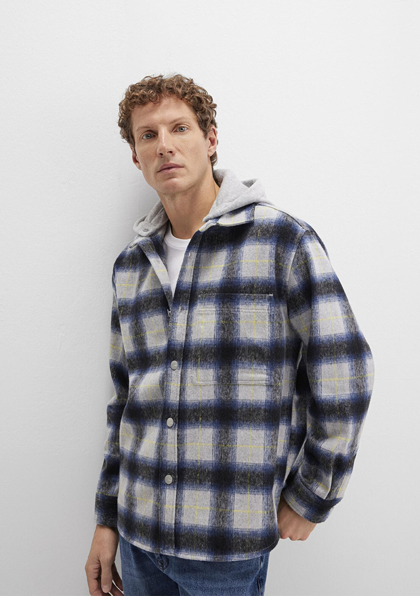 Mavi Yün Karışımlı Kareli Gömlek Loose Fit / Bol Rahat Kesim 0211786-91301