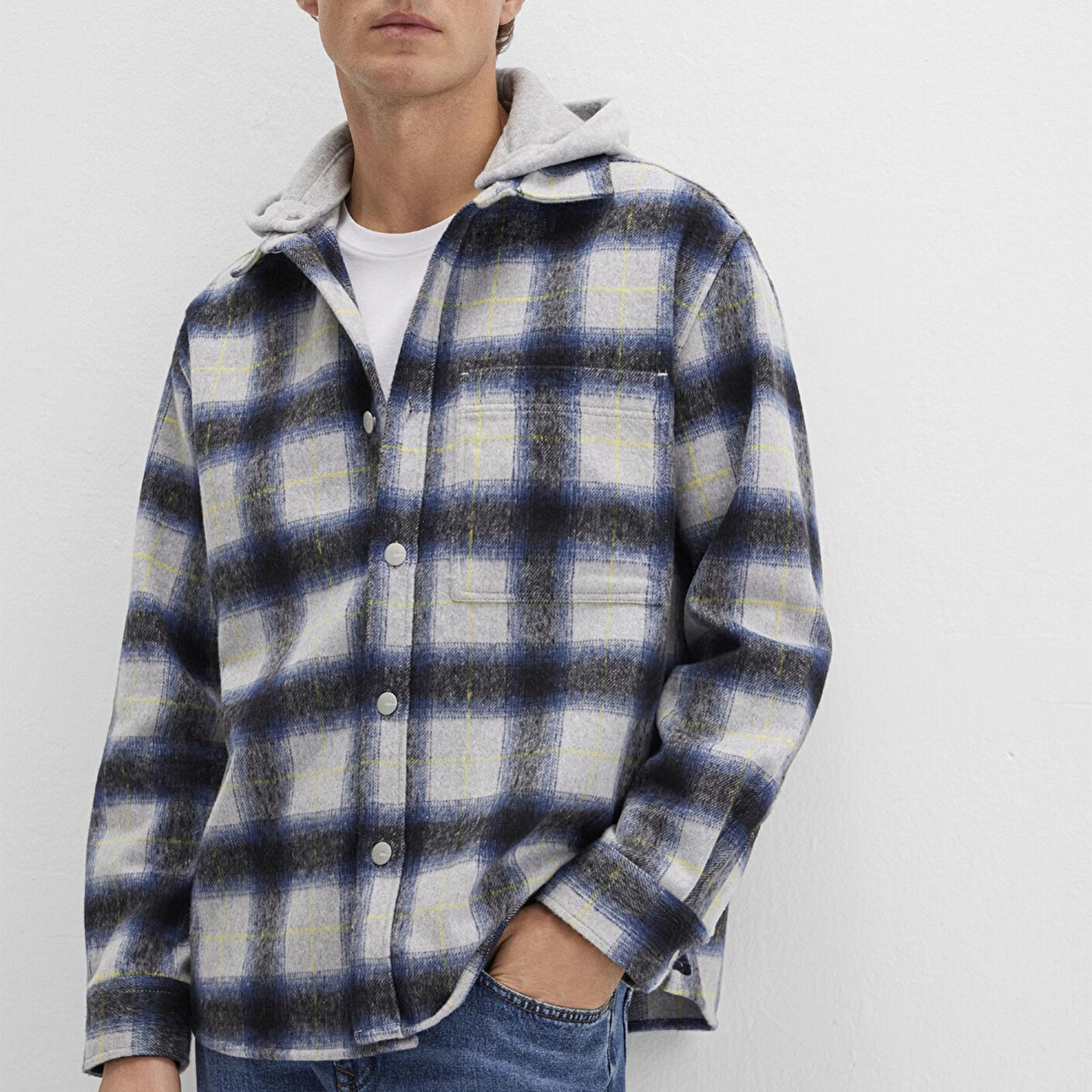 Mavi Yün Karışımlı Kareli Gömlek Loose Fit / Bol Rahat Kesim 0211786-91301