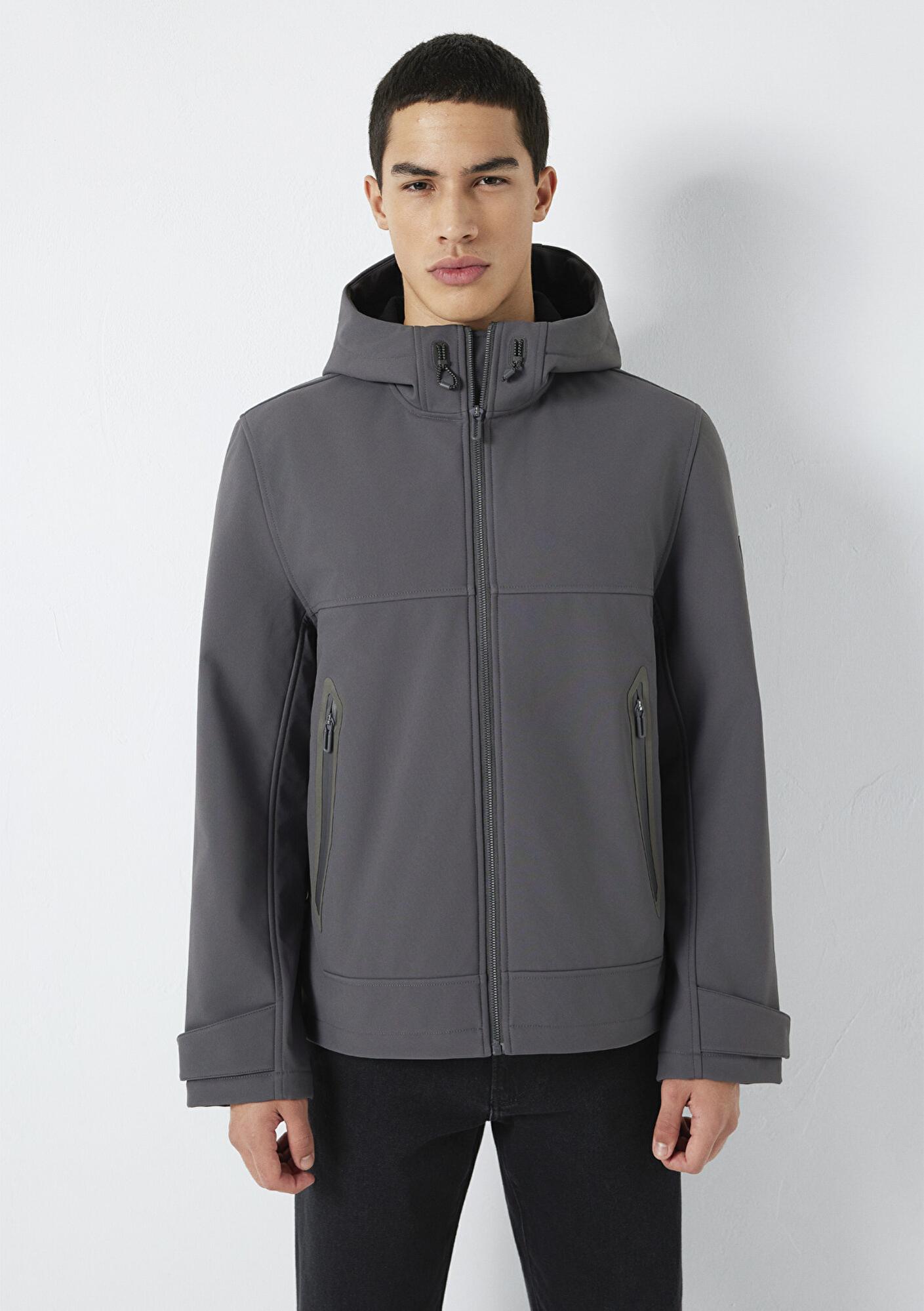 Mavi Kapüşonlu Su İtici Gri Scuba Ceket Regular Fit / Normal Kesim 0110762-85540