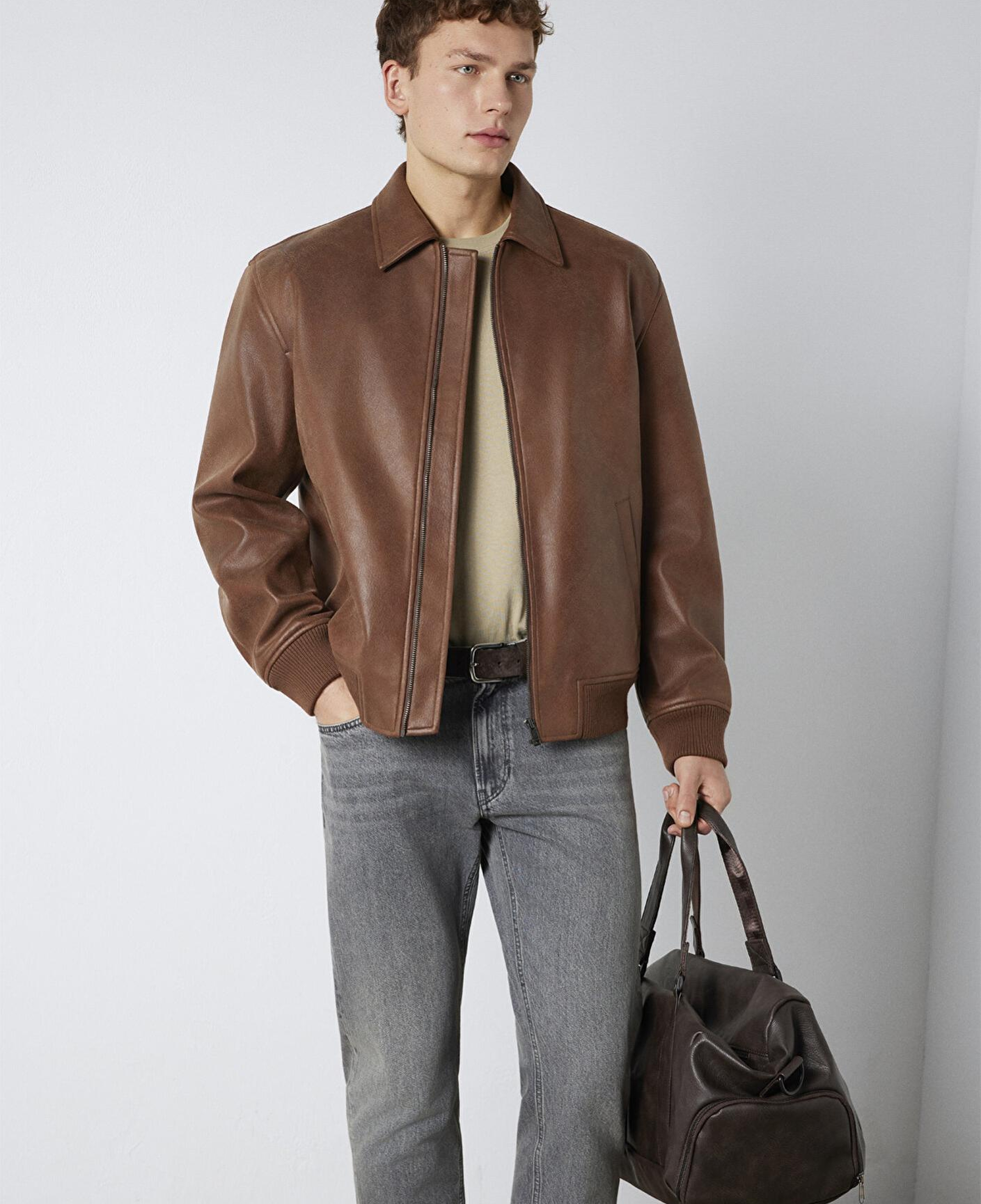 Mavi Kahverengi Suni Deri Ceket Loose Fit / Bol Rahat Kesim 0110775-70242