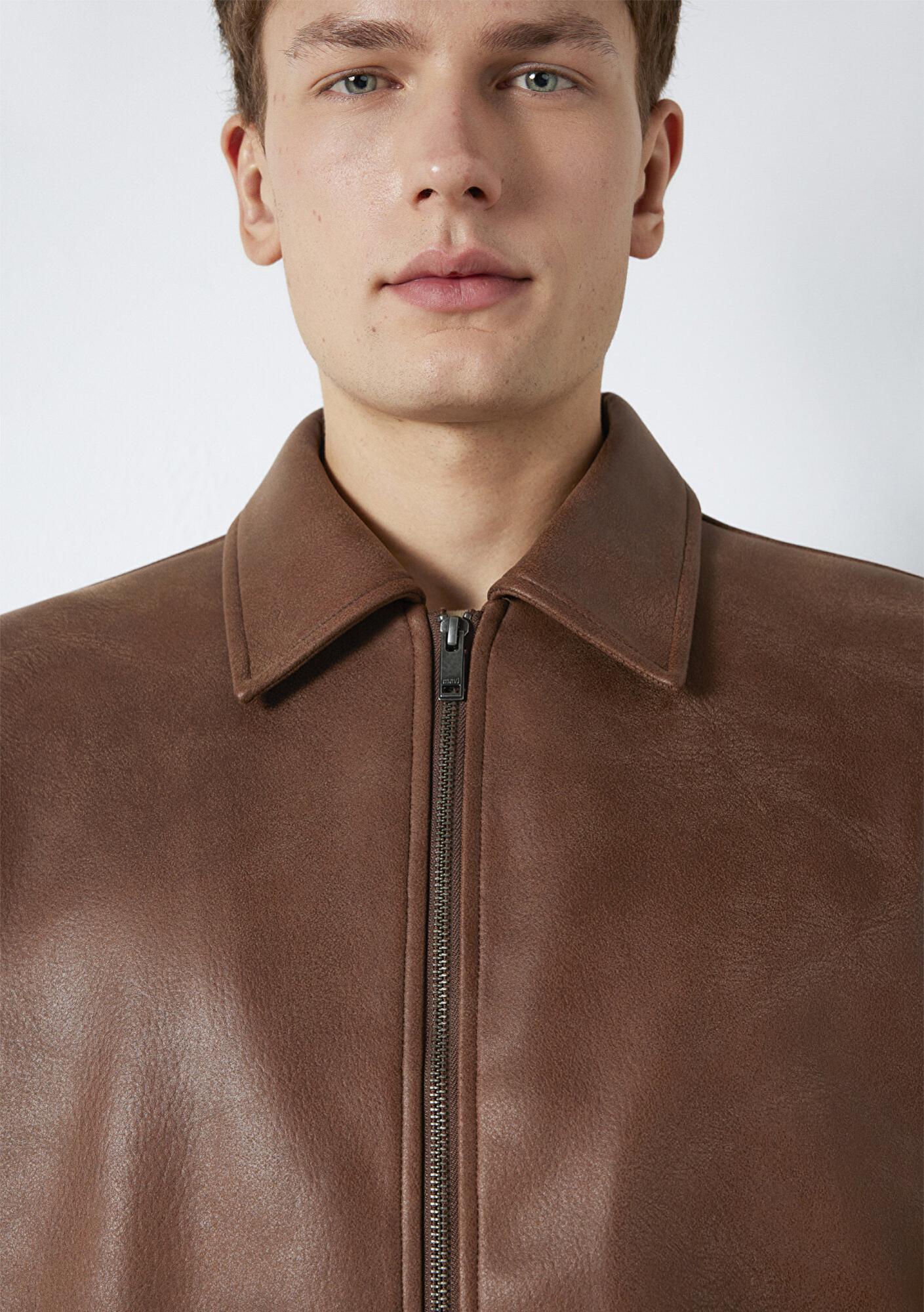 Mavi Kahverengi Suni Deri Ceket Loose Fit / Bol Rahat Kesim 0110775-70242