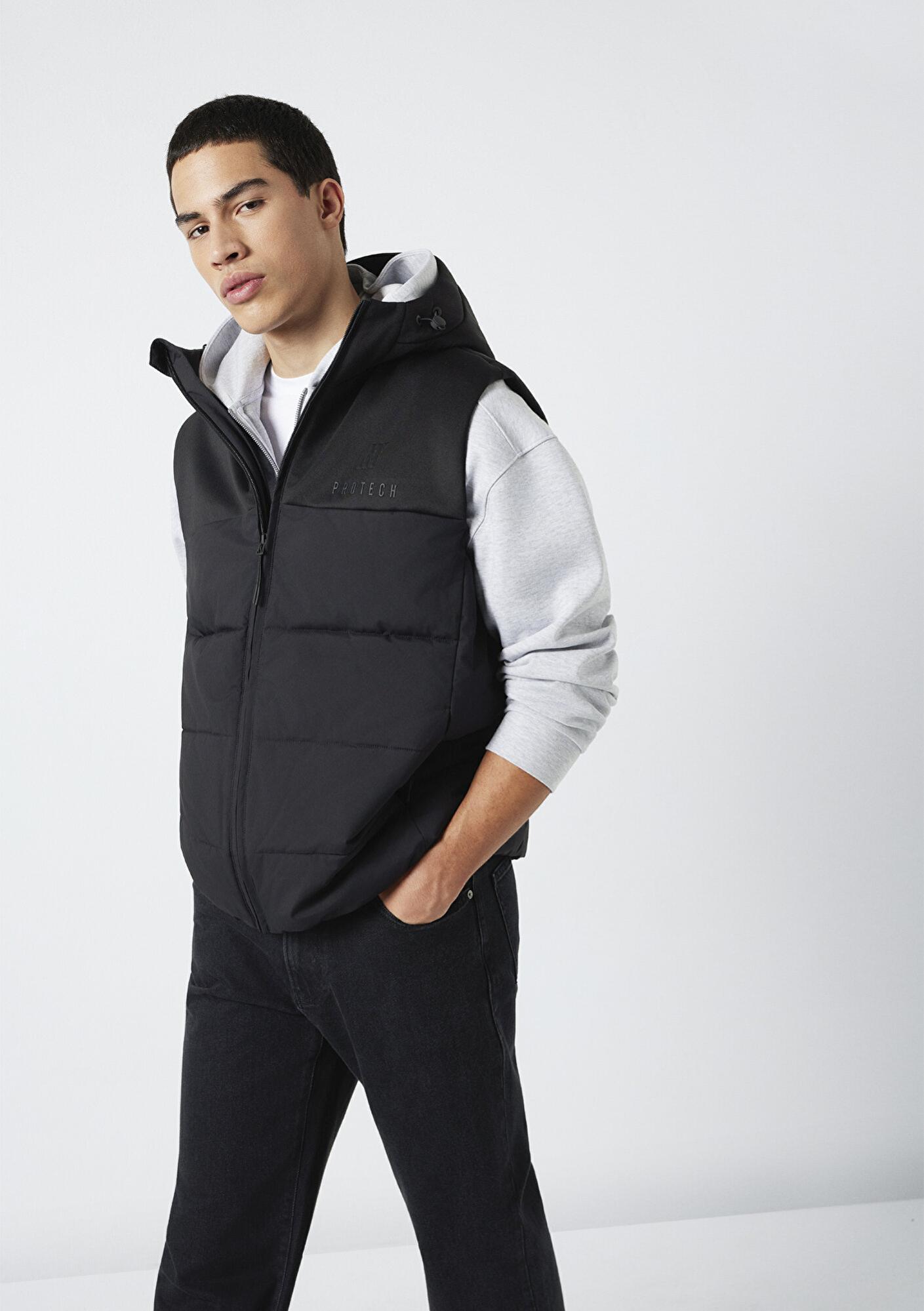 Mavi Kapüşonlu Siyah Şişme Yelek Loose Fit / Bol Rahat Kesim 0110786-71379