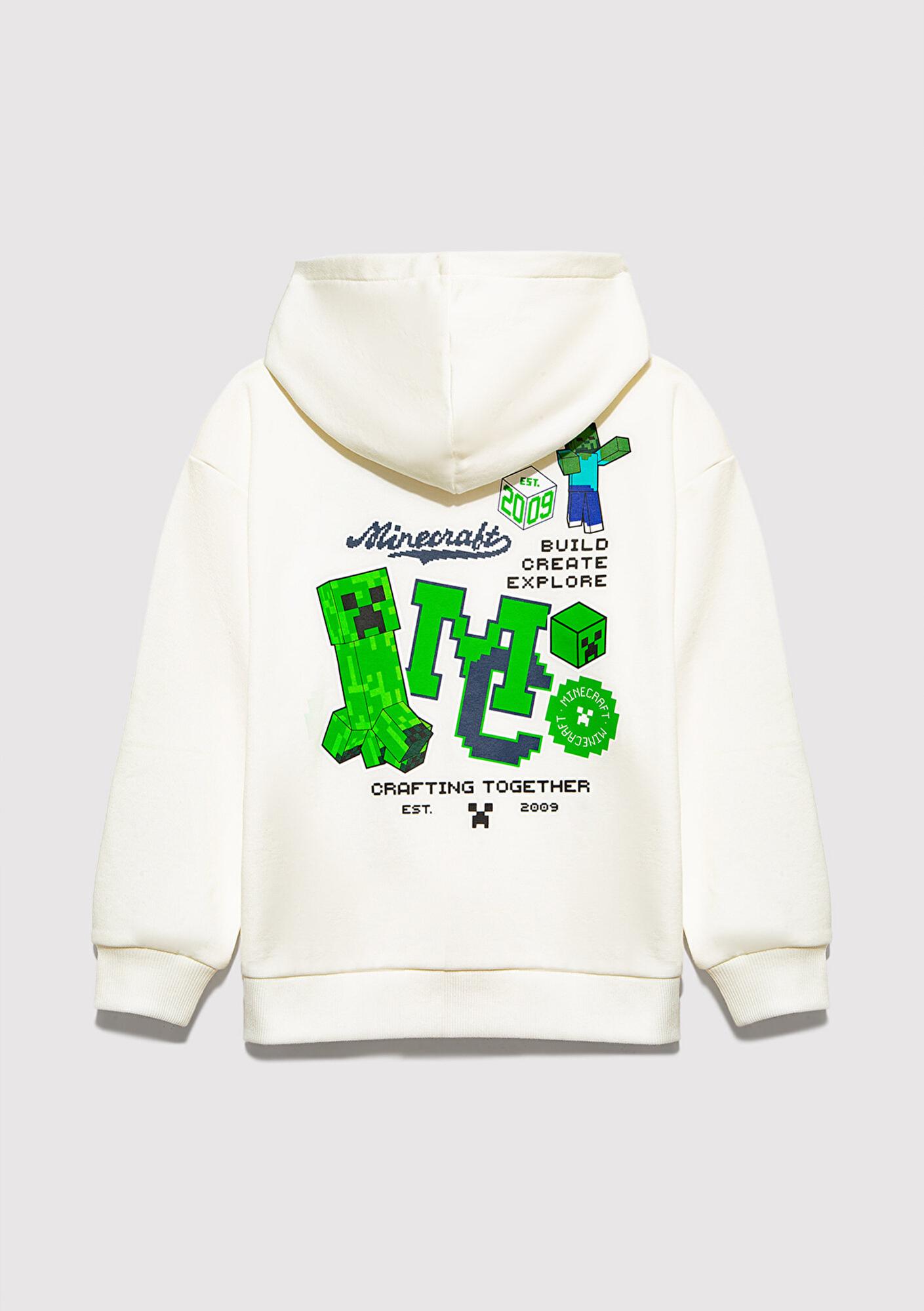 Mavi Minecraft Baskılı Kapüşonlu Ekru Sweatshirt. 6S10176-70057