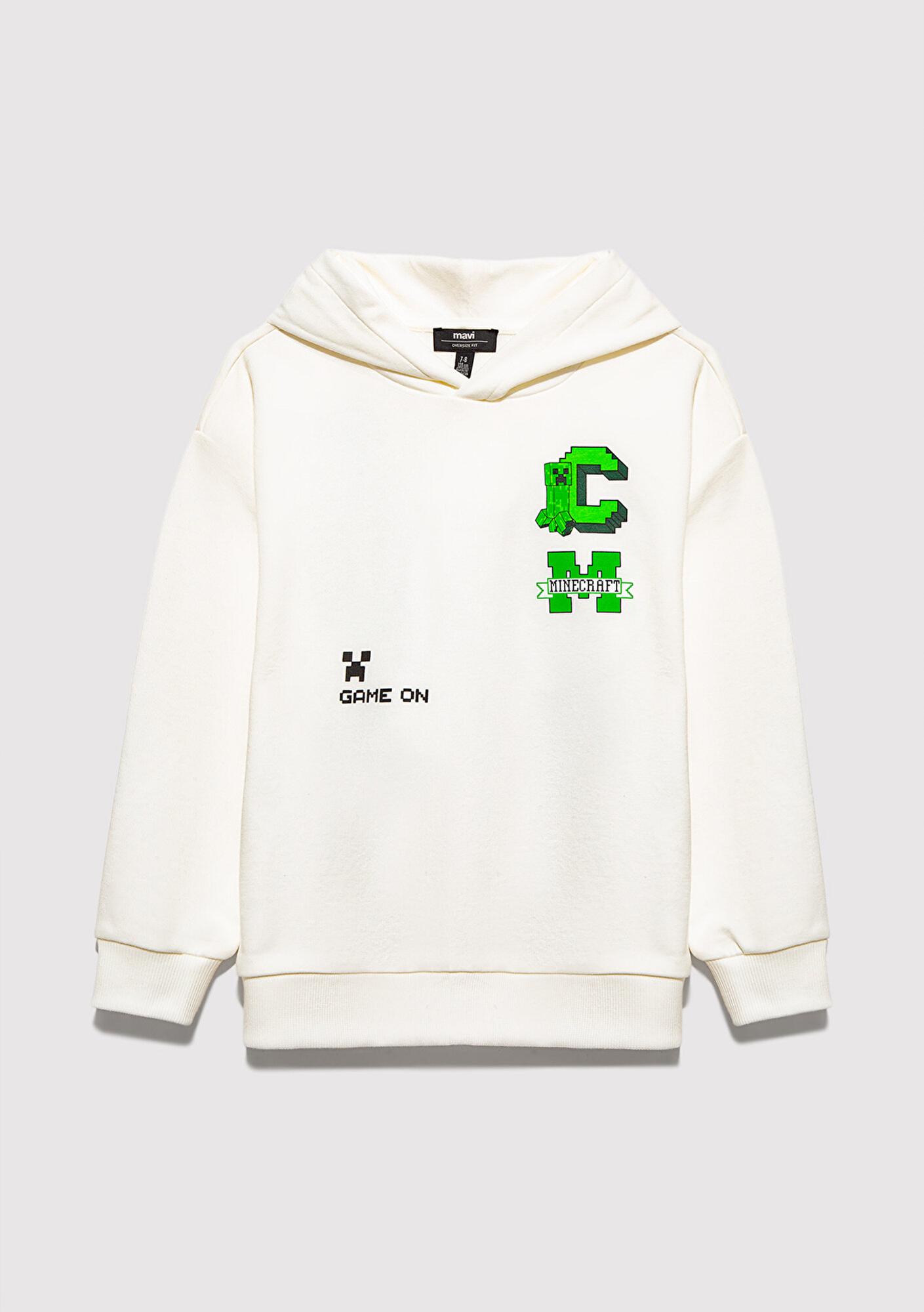 Mavi Minecraft Baskılı Kapüşonlu Ekru Sweatshirt. 6S10176-70057