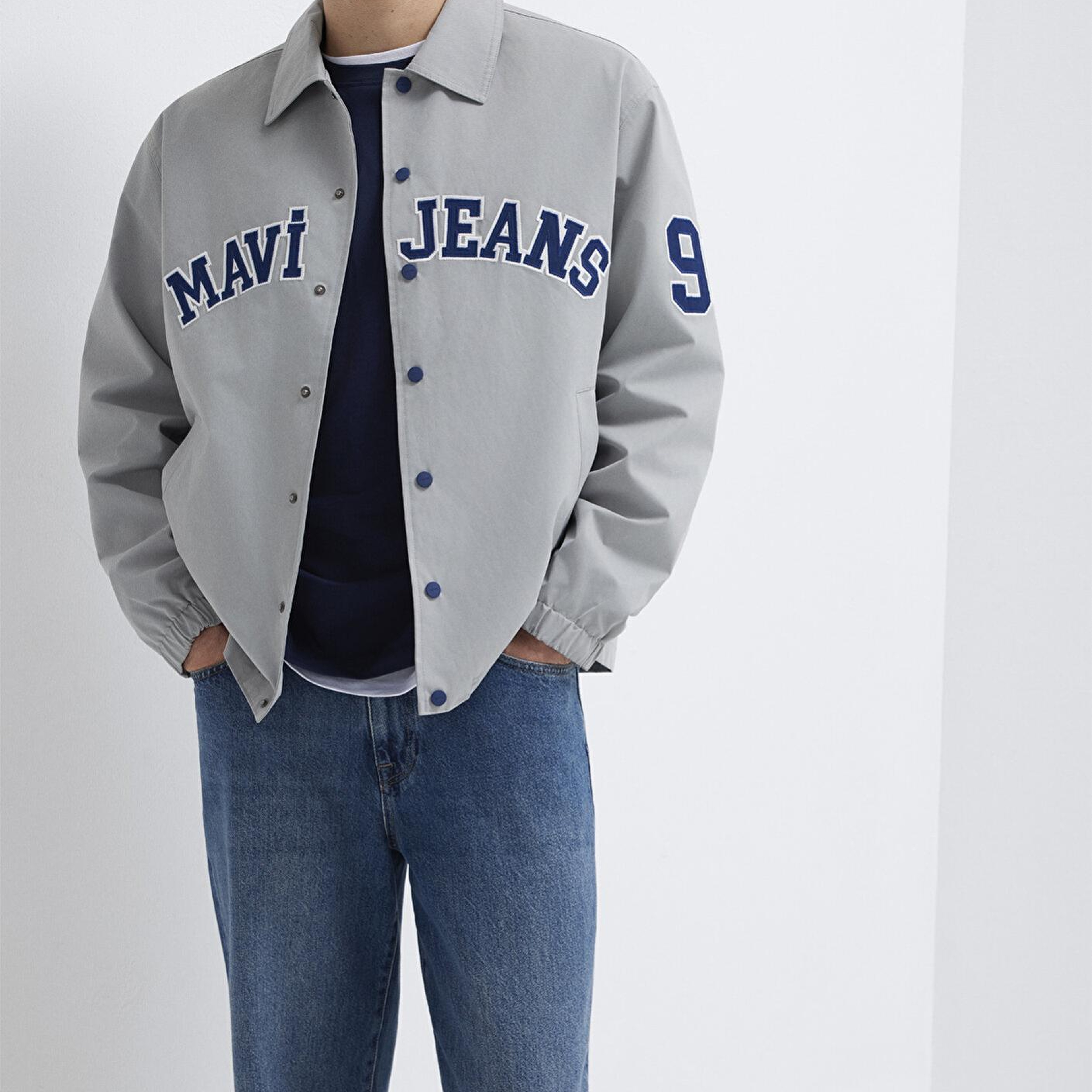 Mavi Nakış Detaylı Gri Ceket Loose Fit / Bol Rahat Kesim 0110769-82824