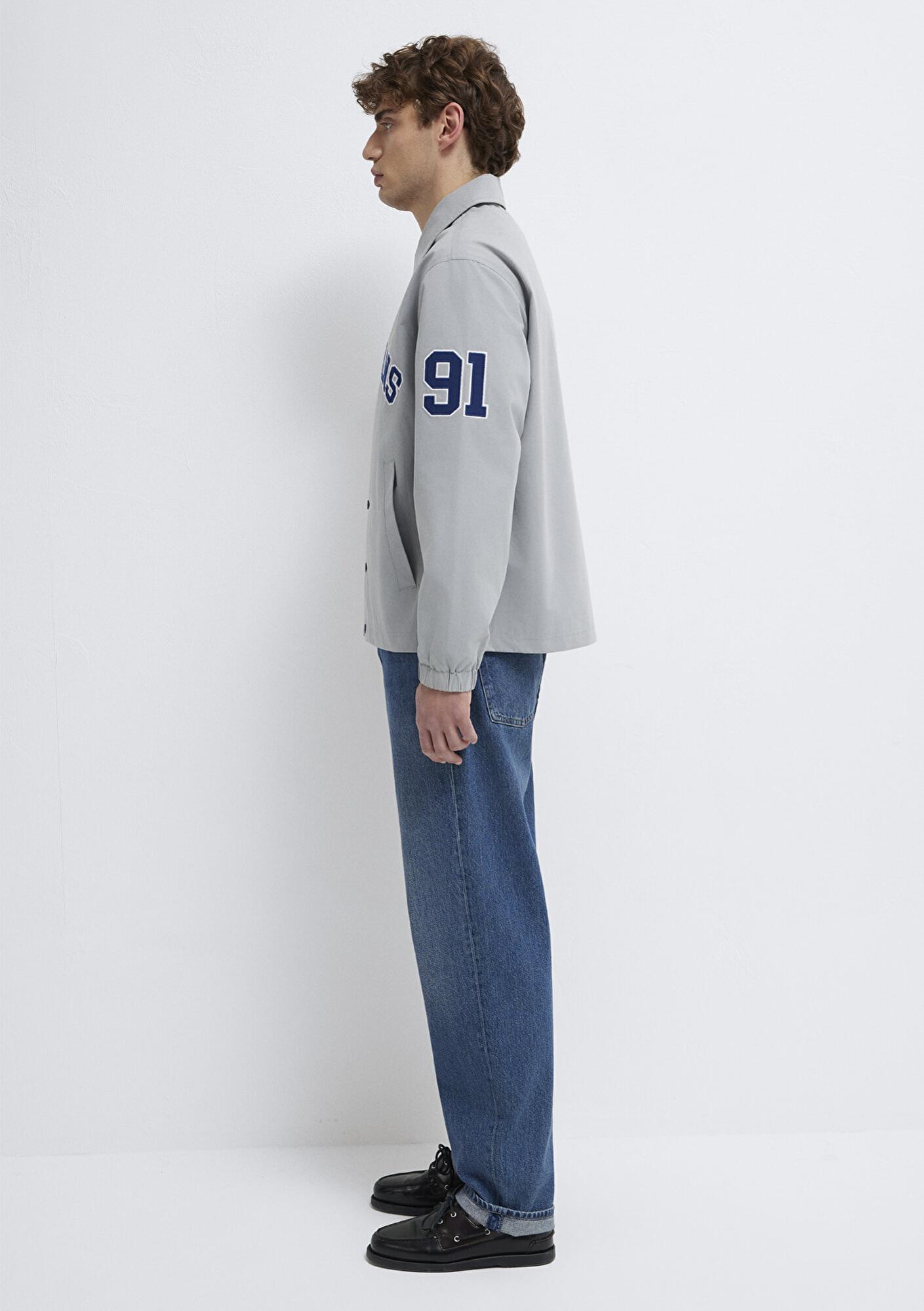 Mavi Nakış Detaylı Gri Ceket Loose Fit / Bol Rahat Kesim 0110769-82824