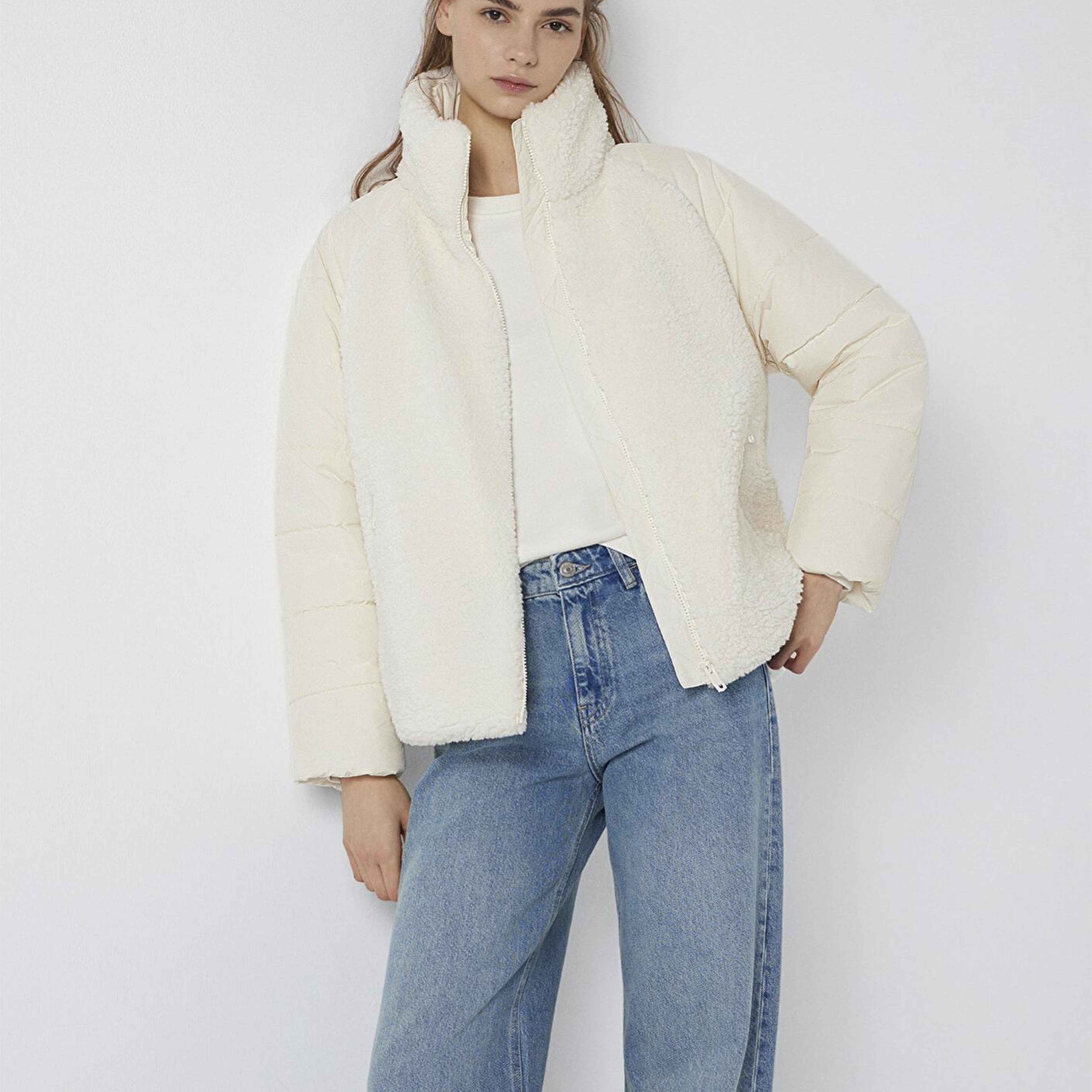 Mavi Dik Yaka Ekru Sherpa Ceket Loose Fit / Bol Rahat Kesim 1110818-80194