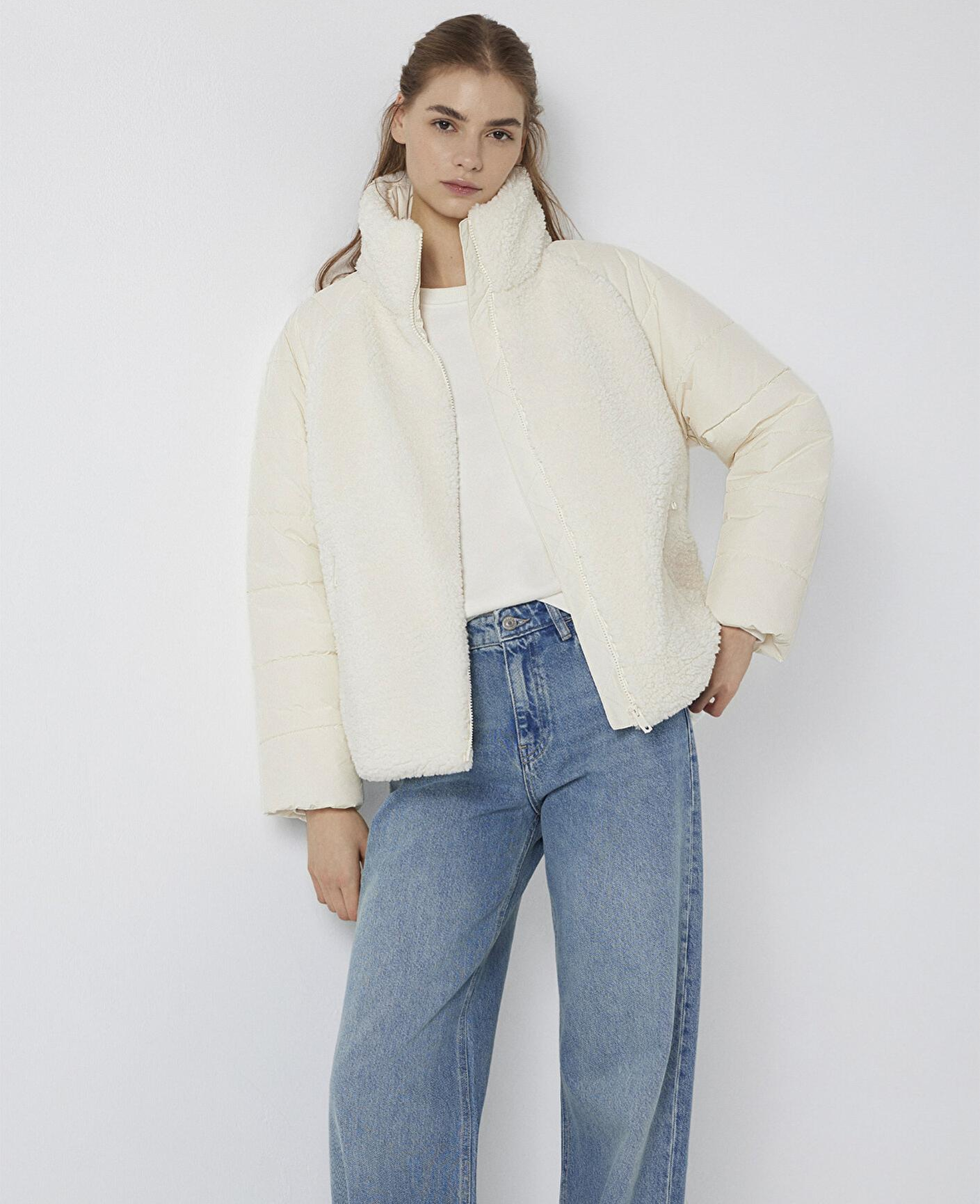 Mavi Dik Yaka Ekru Sherpa Ceket Loose Fit / Bol Rahat Kesim 1110818-80194