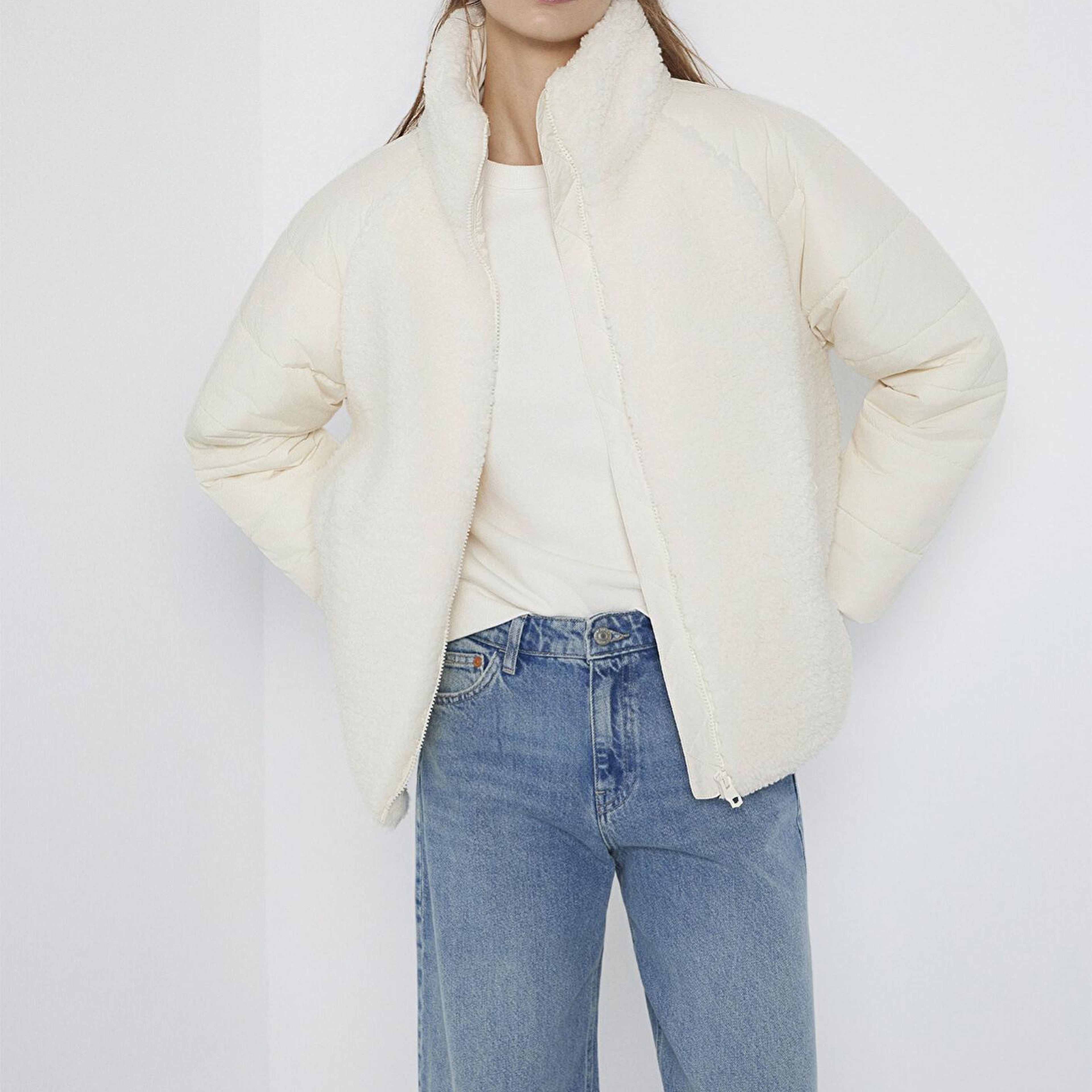 Mavi Dik Yaka Ekru Sherpa Ceket Loose Fit / Bol Rahat Kesim 1110818-80194