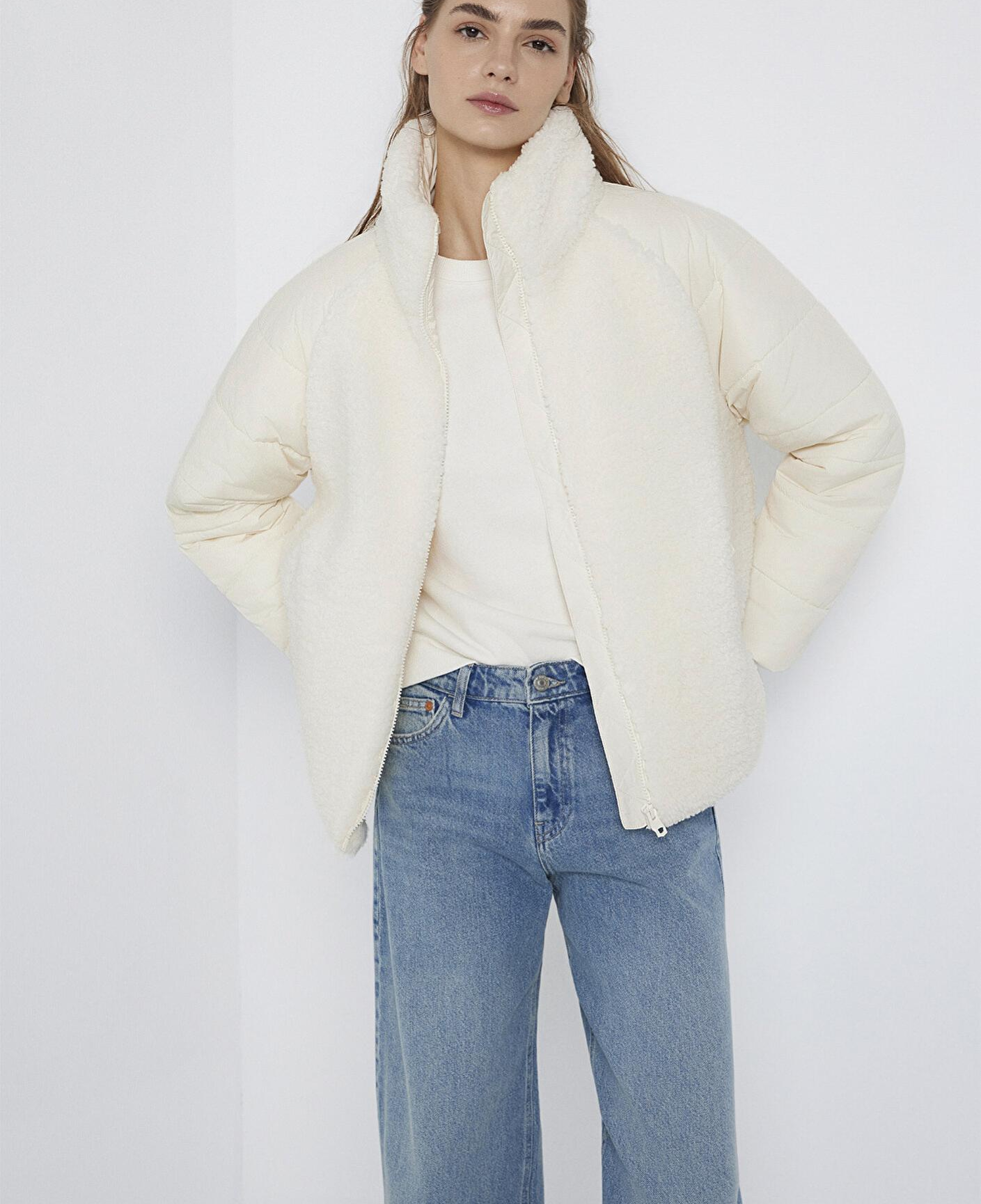 Mavi Dik Yaka Ekru Sherpa Ceket Loose Fit / Bol Rahat Kesim 1110818-80194