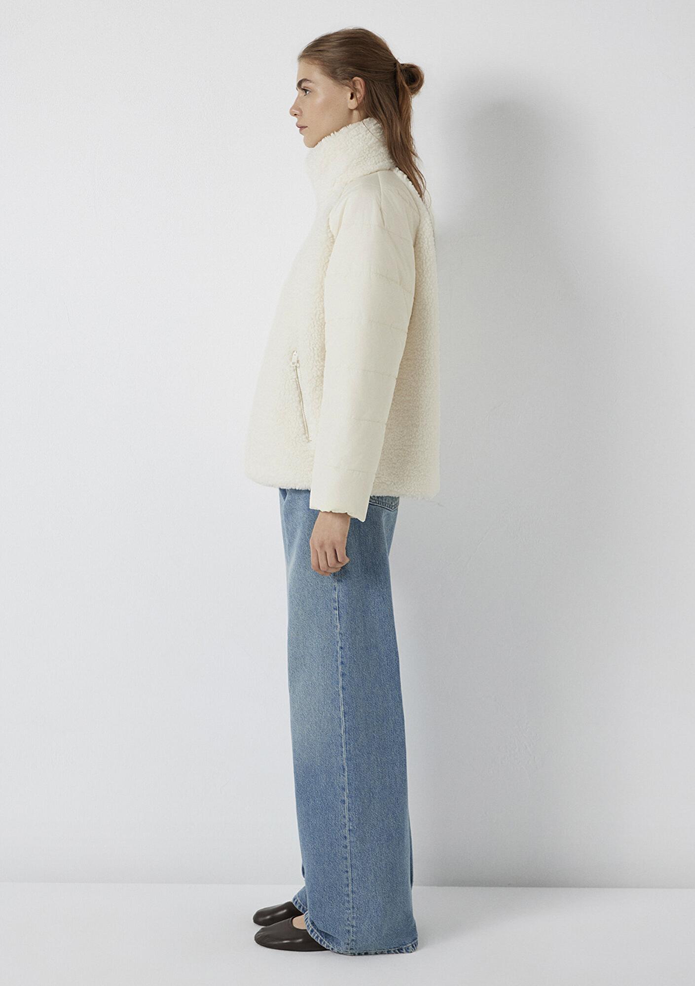 Mavi Dik Yaka Ekru Sherpa Ceket Loose Fit / Bol Rahat Kesim 1110818-80194
