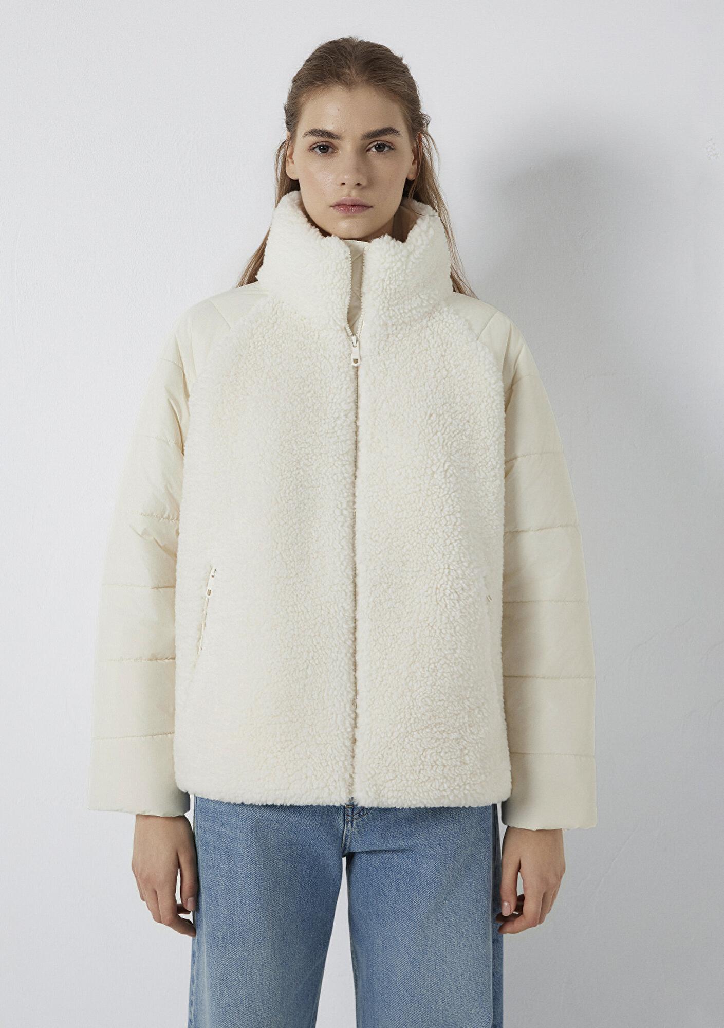 Mavi Dik Yaka Ekru Sherpa Ceket Loose Fit / Bol Rahat Kesim 1110818-80194