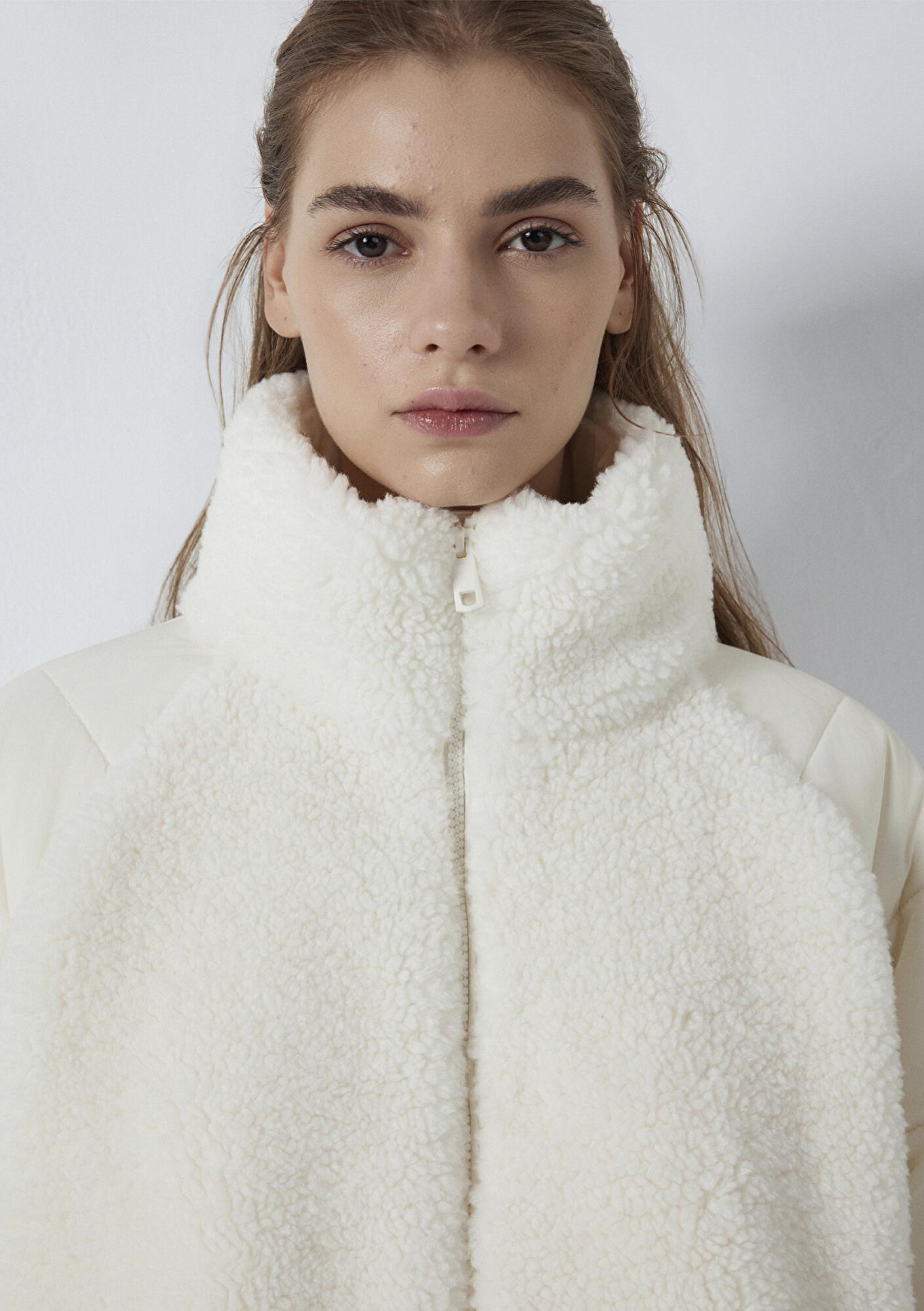 Mavi Dik Yaka Ekru Sherpa Ceket Loose Fit / Bol Rahat Kesim 1110818-80194