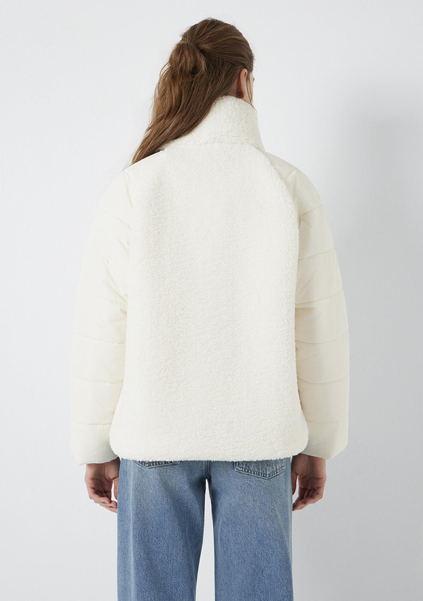 Mavi Dik Yaka Ekru Sherpa Ceket Loose Fit / Bol Rahat Kesim 1110818-80194