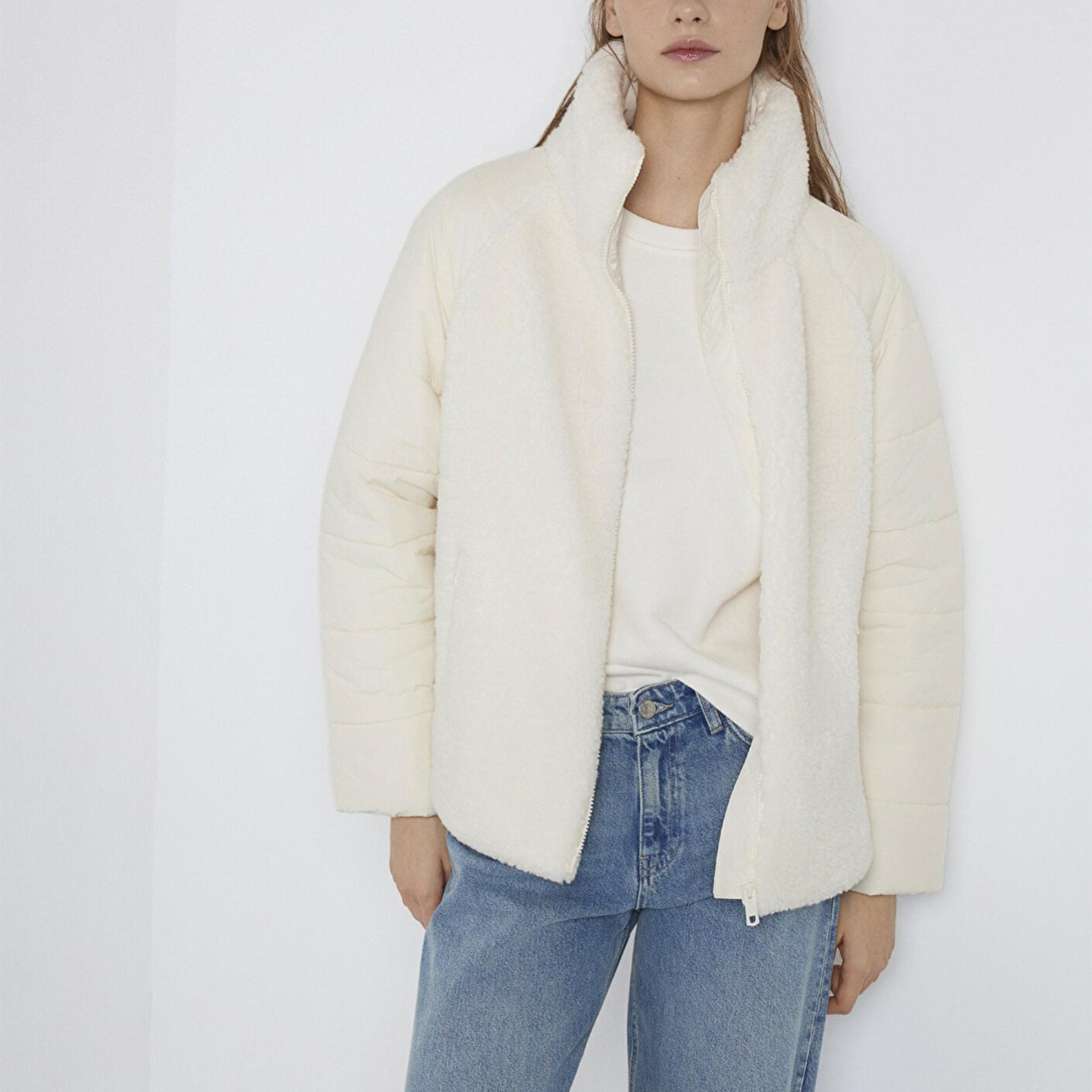 Mavi Dik Yaka Ekru Sherpa Ceket Loose Fit / Bol Rahat Kesim 1110818-80194