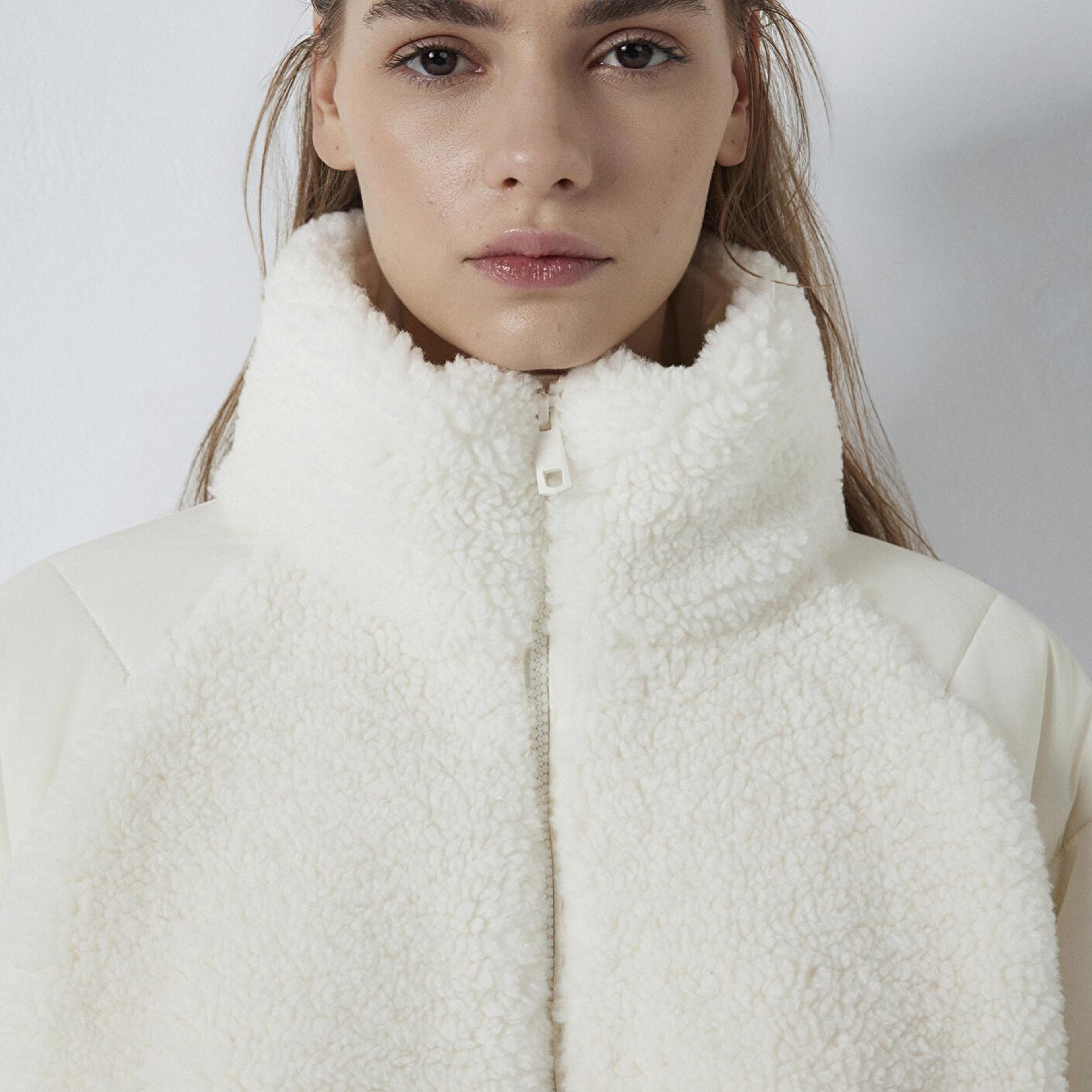 Mavi Dik Yaka Ekru Sherpa Ceket Loose Fit / Bol Rahat Kesim 1110818-80194