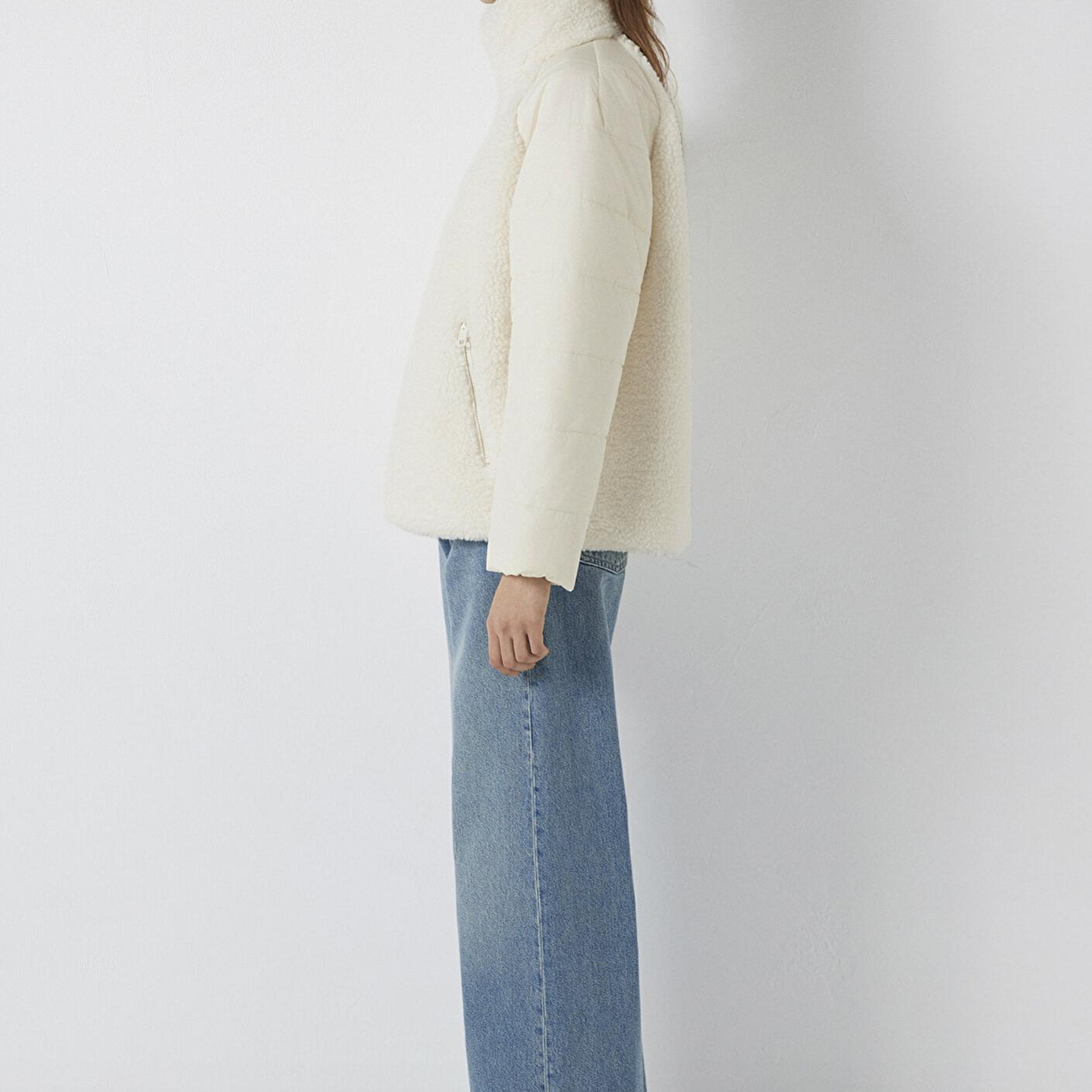 Mavi Dik Yaka Ekru Sherpa Ceket Loose Fit / Bol Rahat Kesim 1110818-80194