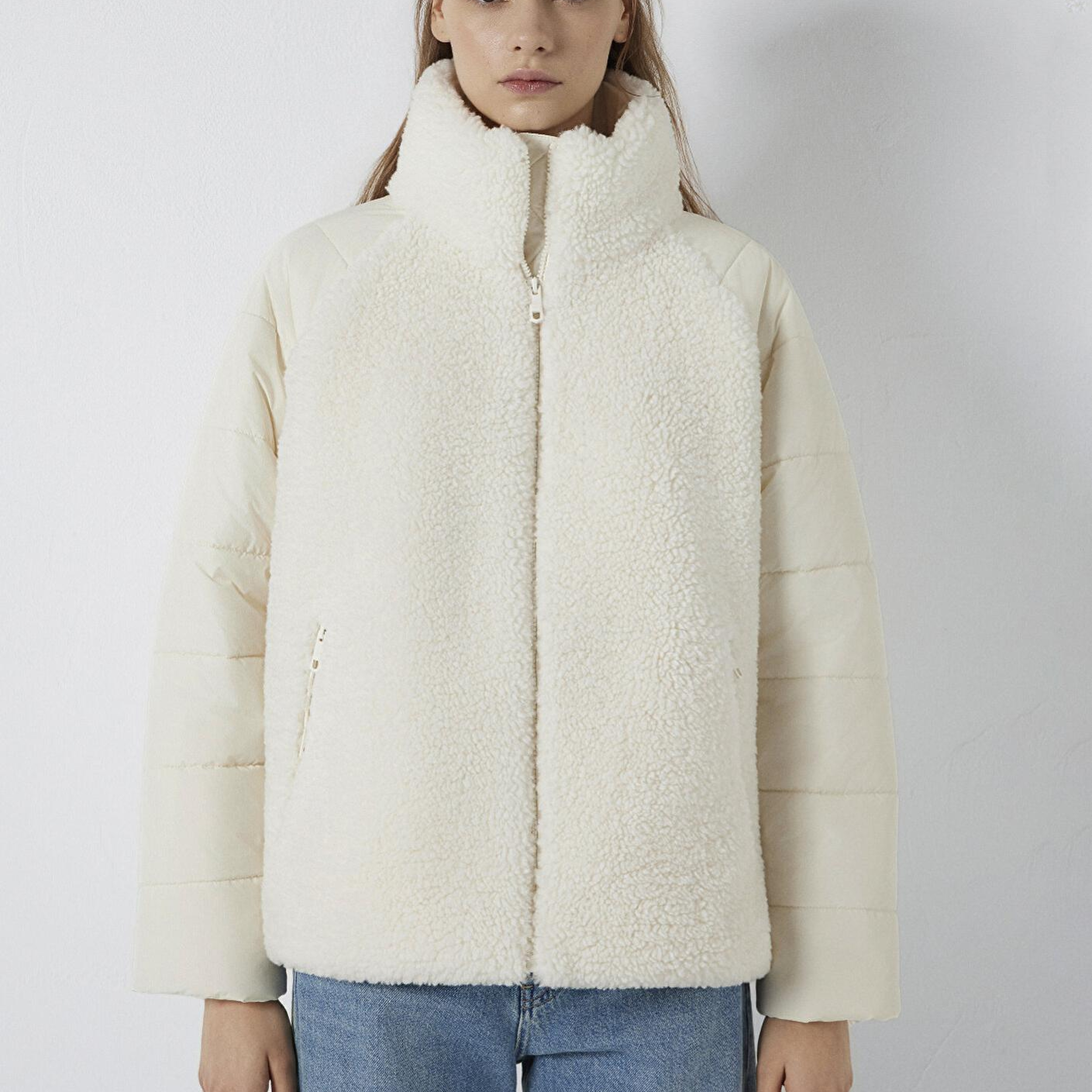 Mavi Dik Yaka Ekru Sherpa Ceket Loose Fit / Bol Rahat Kesim 1110818-80194