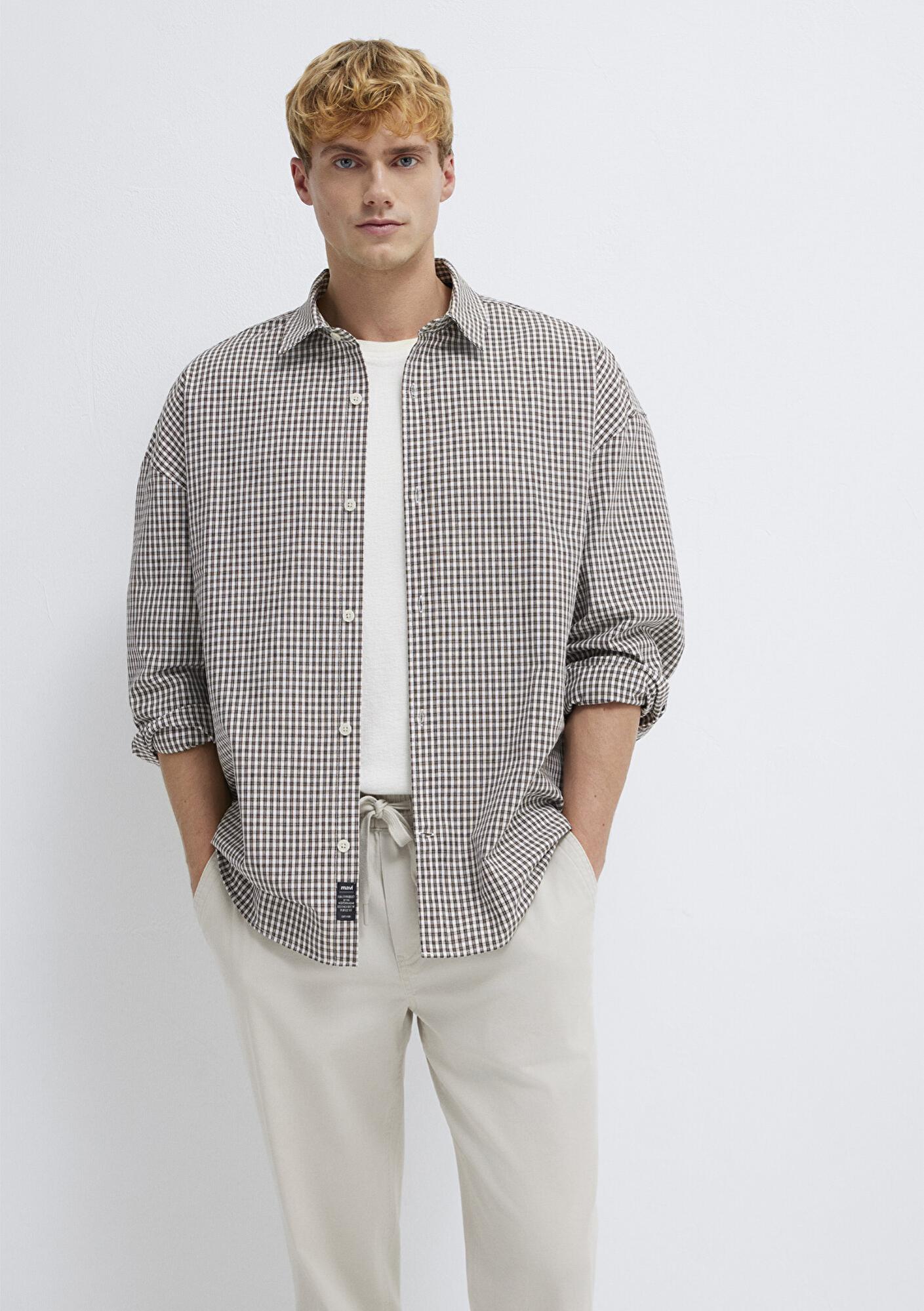 Mavi Kahverengi Ekose Gömlek Oversize / Geniş Kesim 0211870-91413