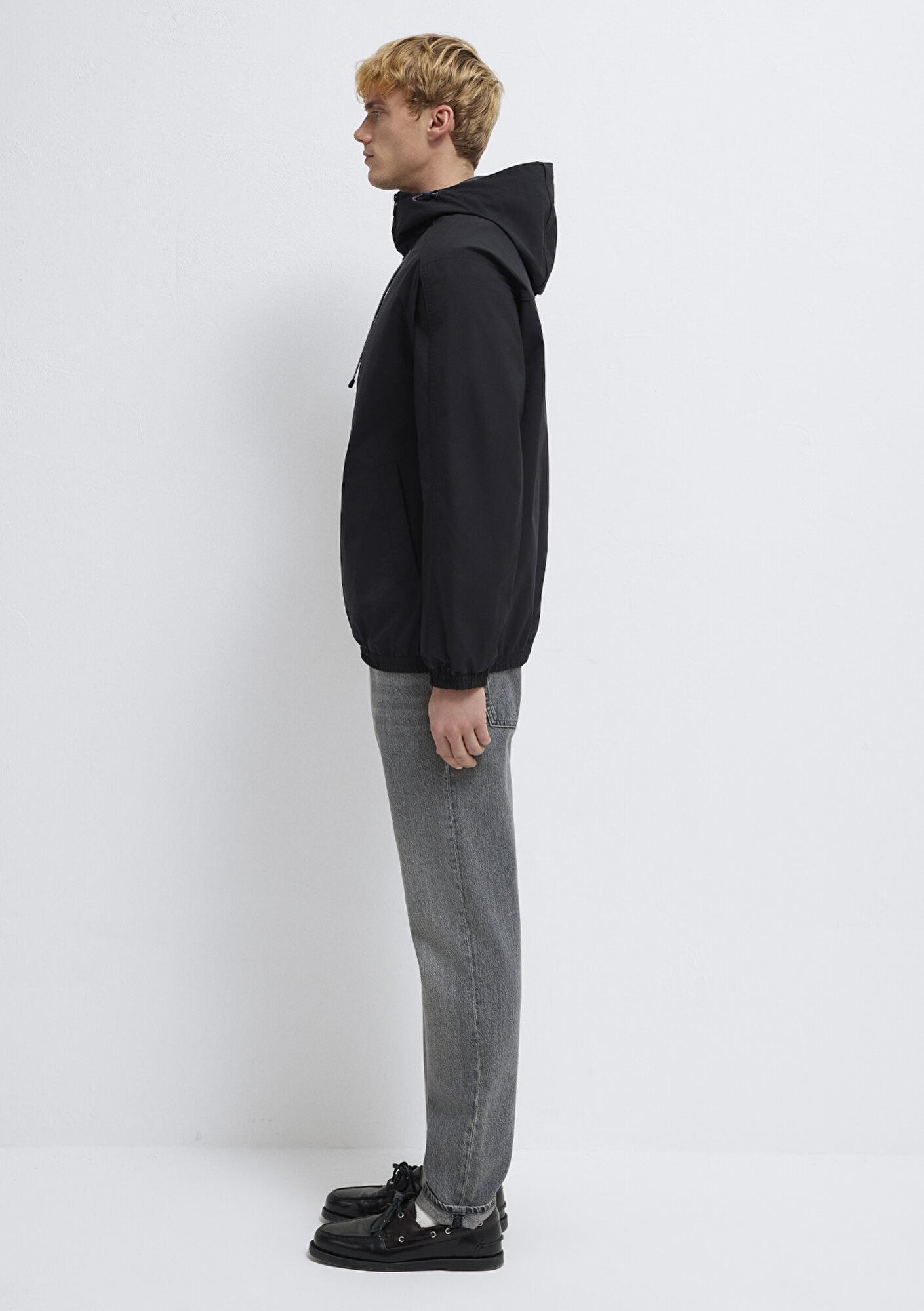 Mavi Kapüşonlu Siyah Ceket Loose Fit / Bol Rahat Kesim 0110818-900