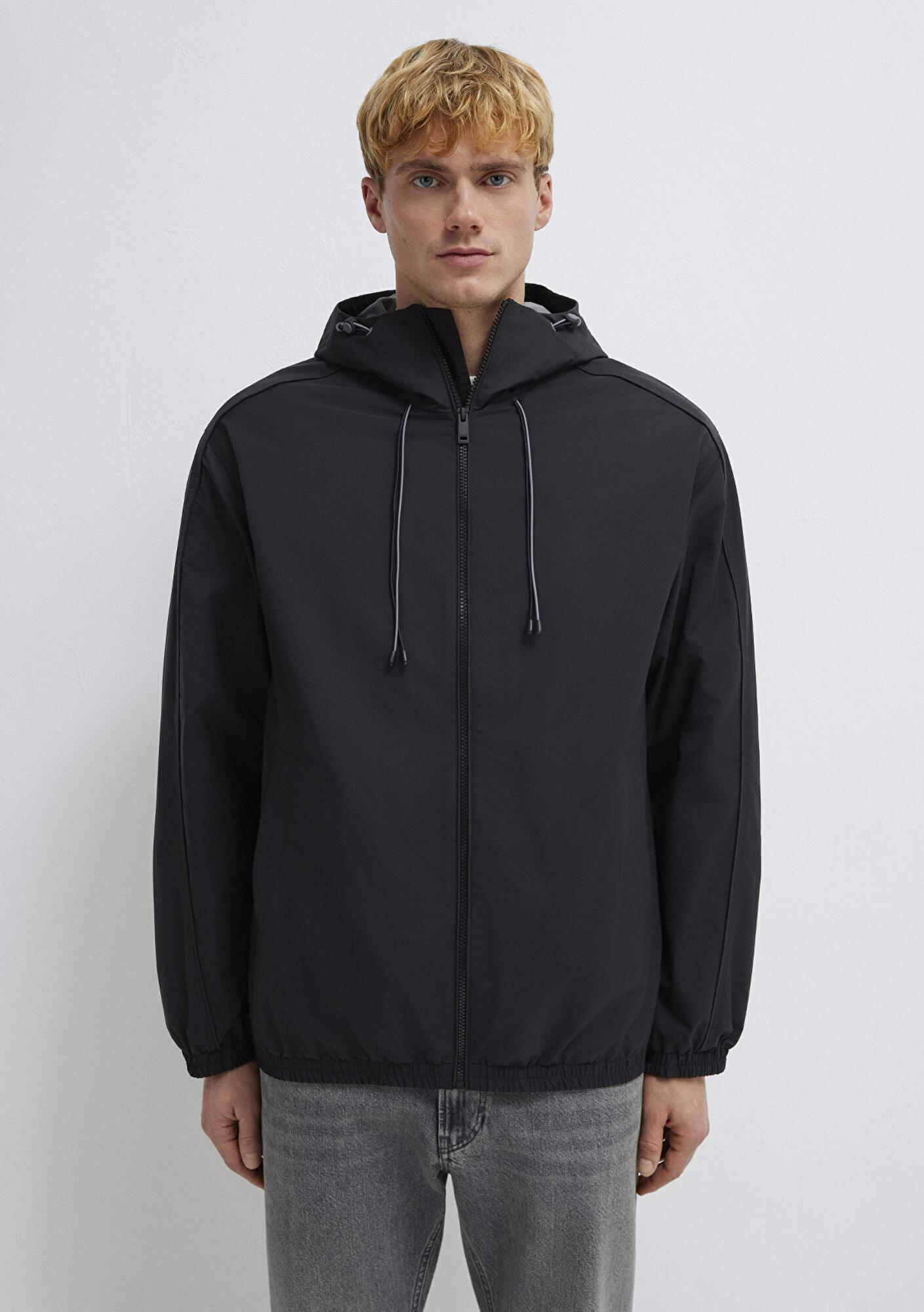 Mavi Kapüşonlu Siyah Ceket Loose Fit / Bol Rahat Kesim 0110818-900