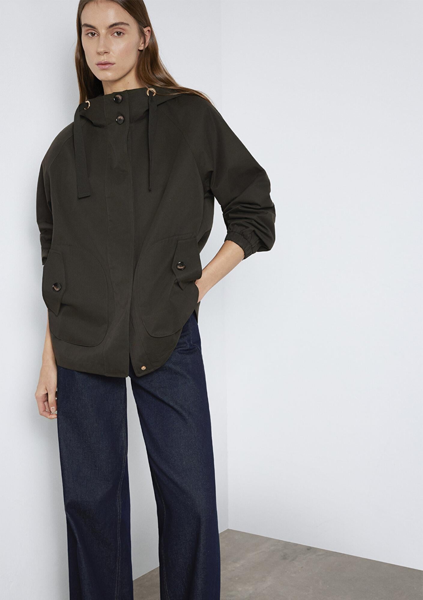 Mavi Kapüşonlu Haki Ceket Loose Fit / Bol Rahat Kesim 1110014-90707