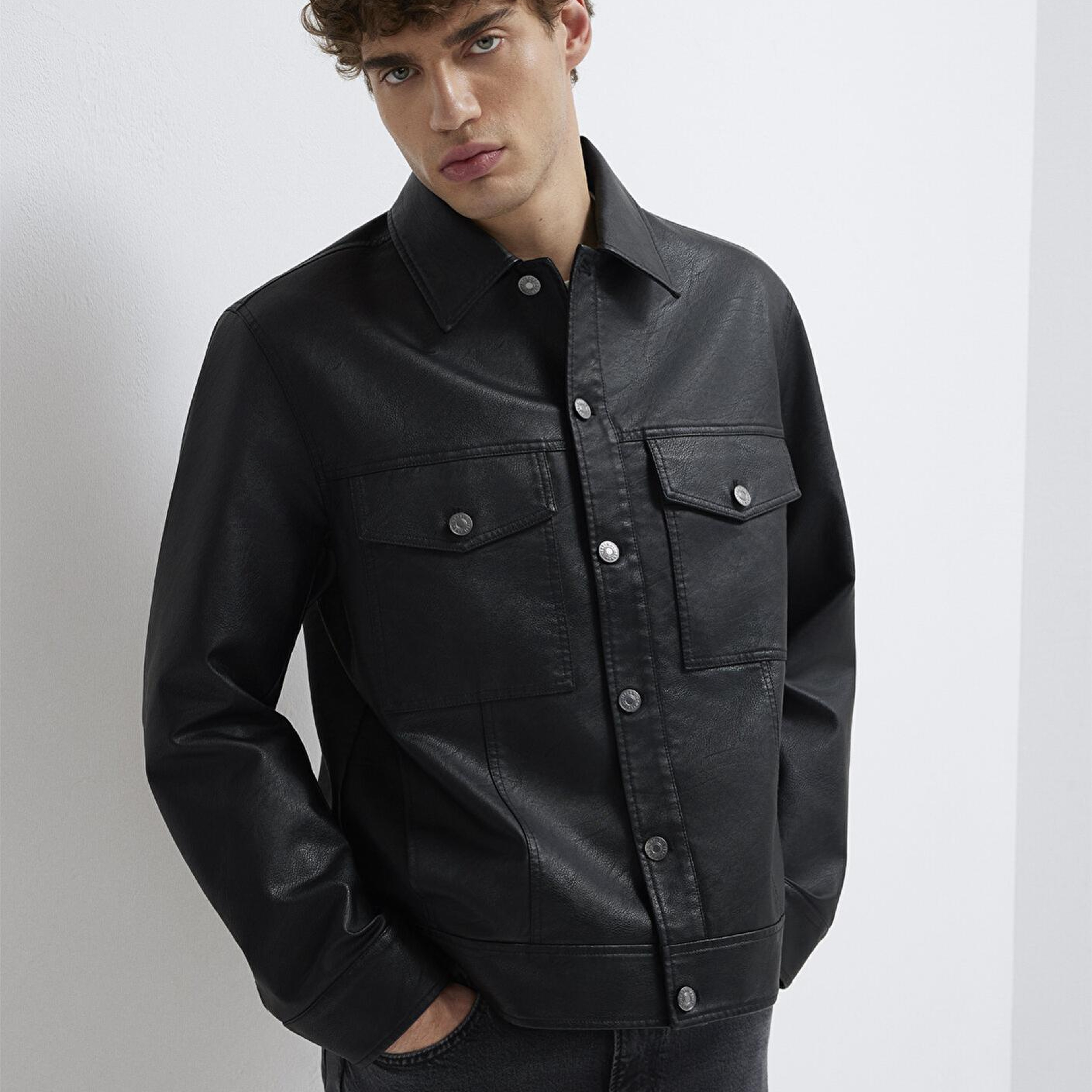 Mavi Siyah Suni Deri Ceket Loose Fit / Bol Rahat Kesim 0110798-71379