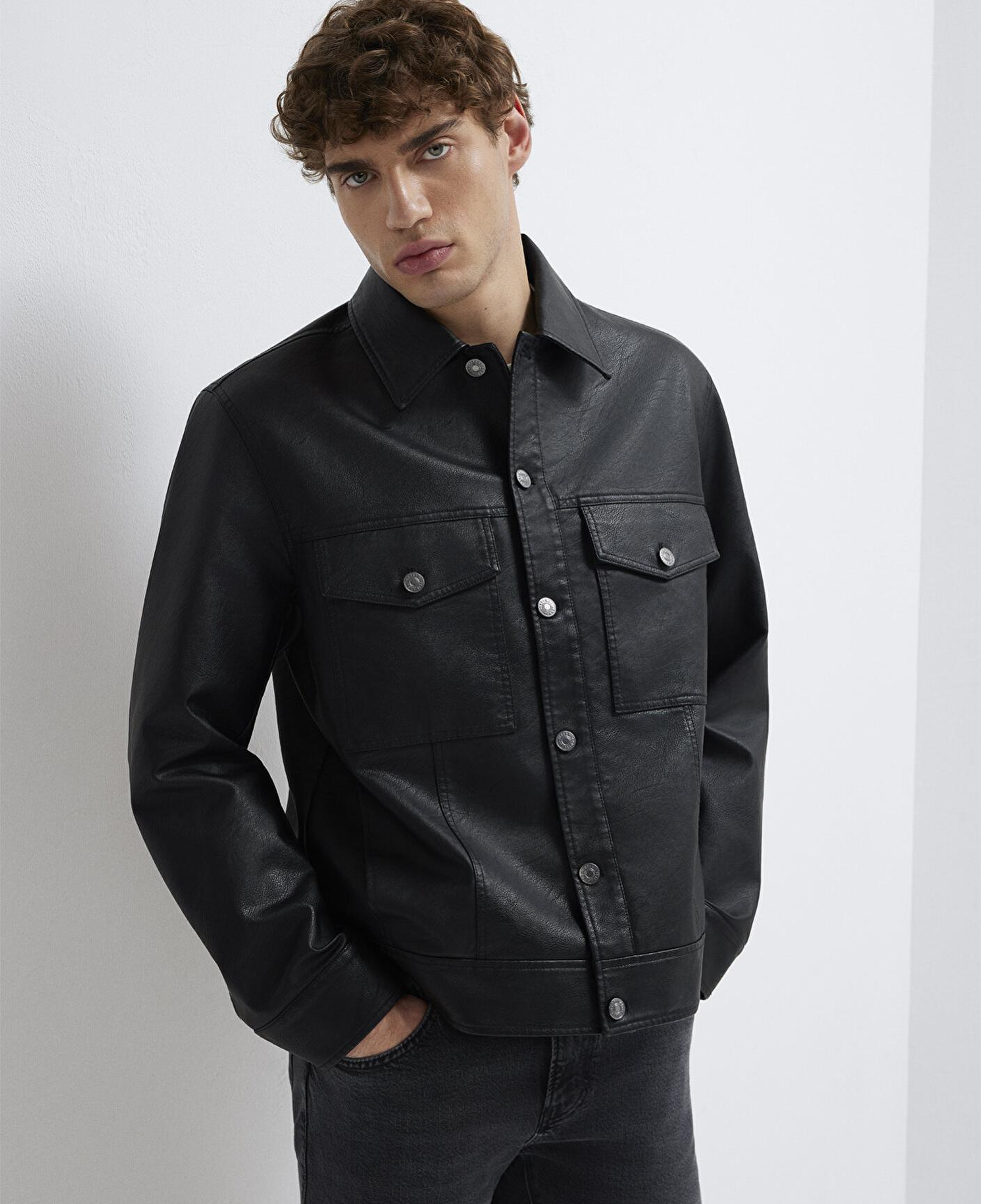 Mavi Siyah Suni Deri Ceket Loose Fit / Bol Rahat Kesim 0110798-71379