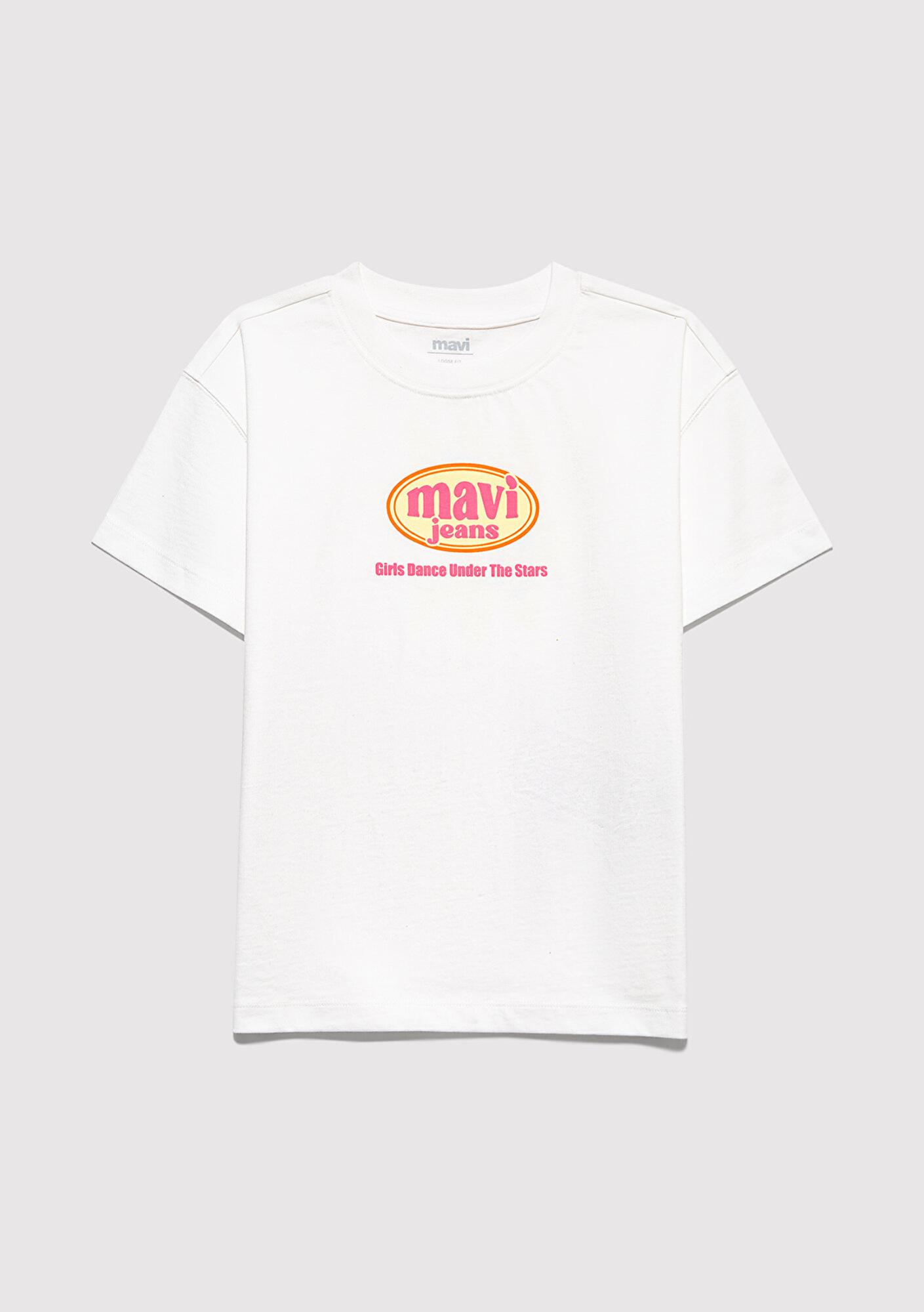 Mavi Baskılı Ekru Tişört Loose Fit / Bol Rahat Kesim 7610391-70057