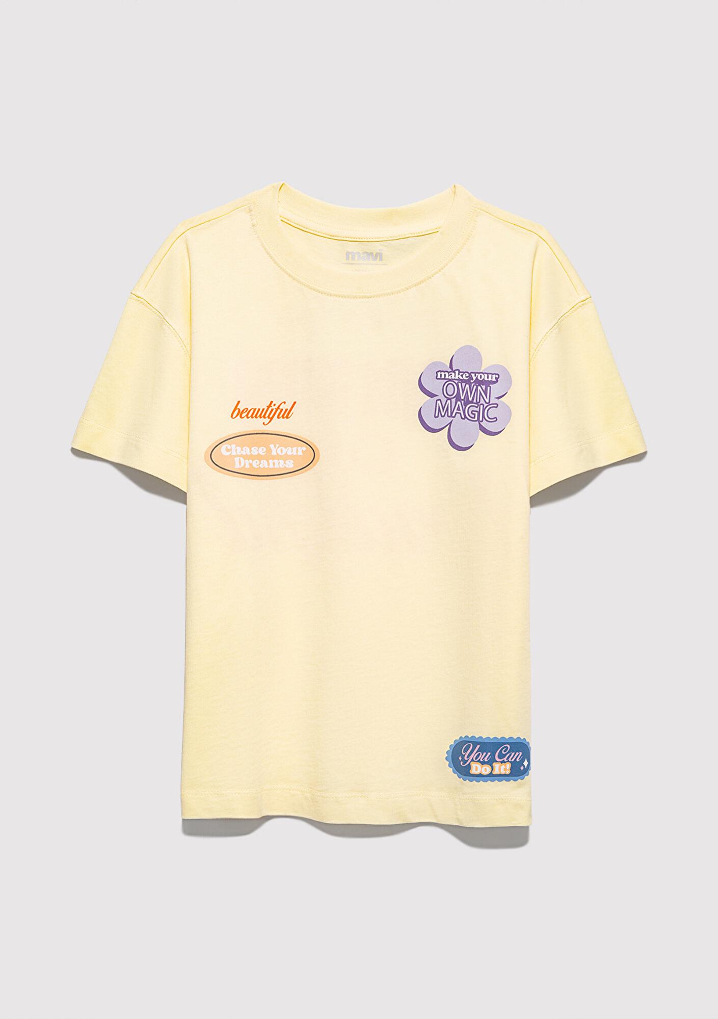 Mavi Baskılı Sarı Tişört Loose Fit / Bol Rahat Kesim 7610388-89143