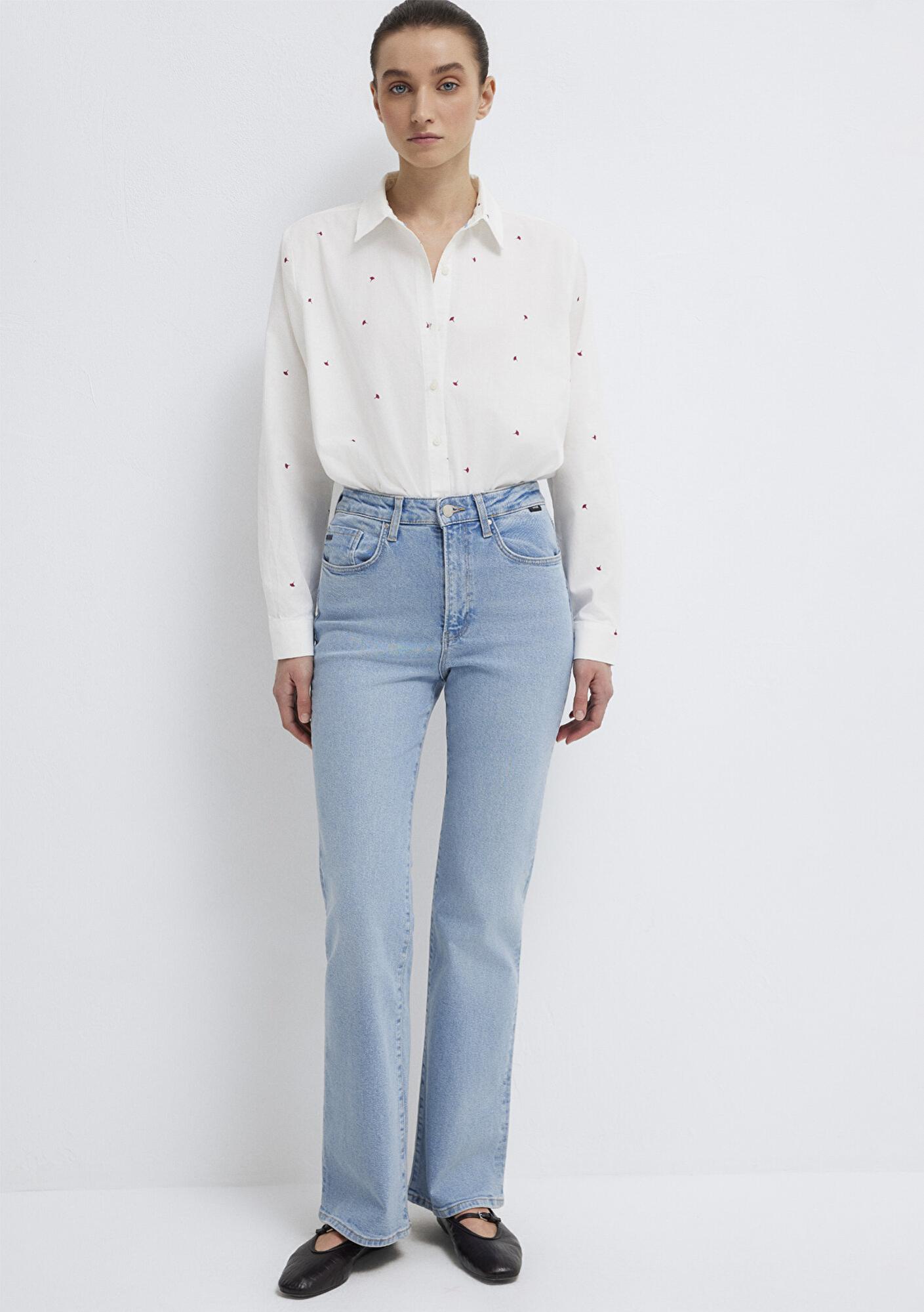 Mavi Çiçek Baskılı Ekru Gömlek Loose Fit / Bol Rahat Kesim 1210610-91381