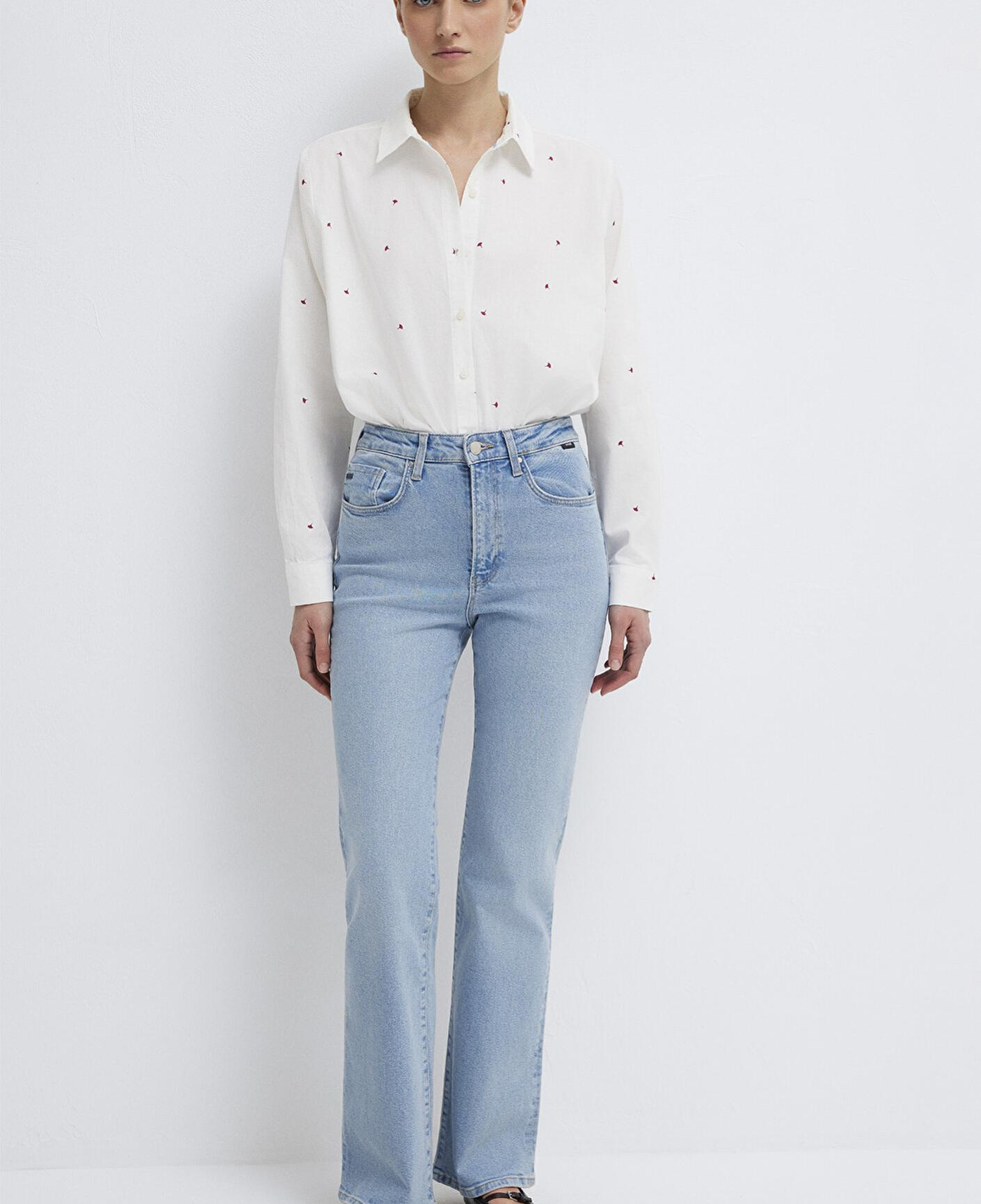 Mavi Çiçek Baskılı Ekru Gömlek Loose Fit / Bol Rahat Kesim 1210610-91381