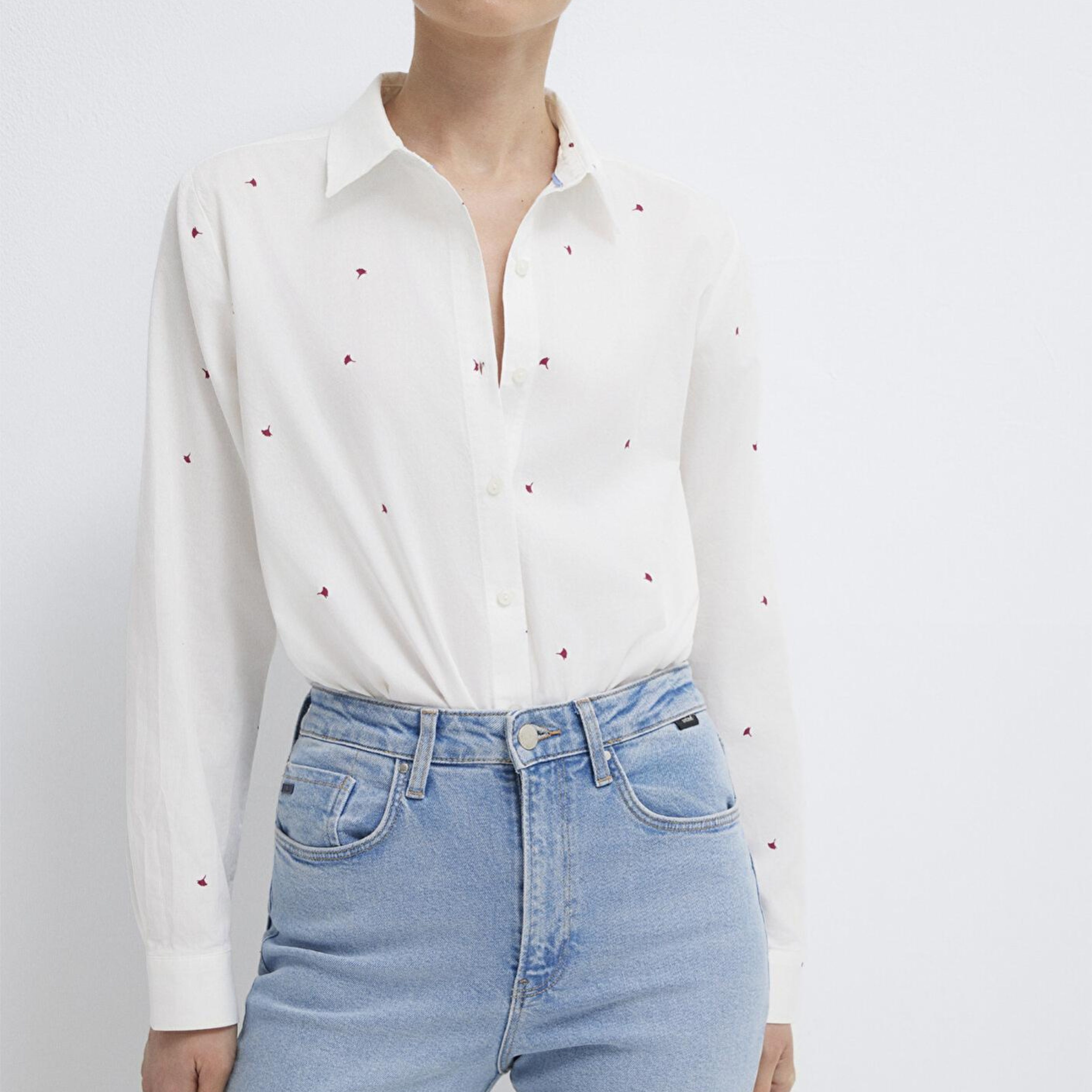 Mavi Çiçek Baskılı Ekru Gömlek Loose Fit / Bol Rahat Kesim 1210610-91381