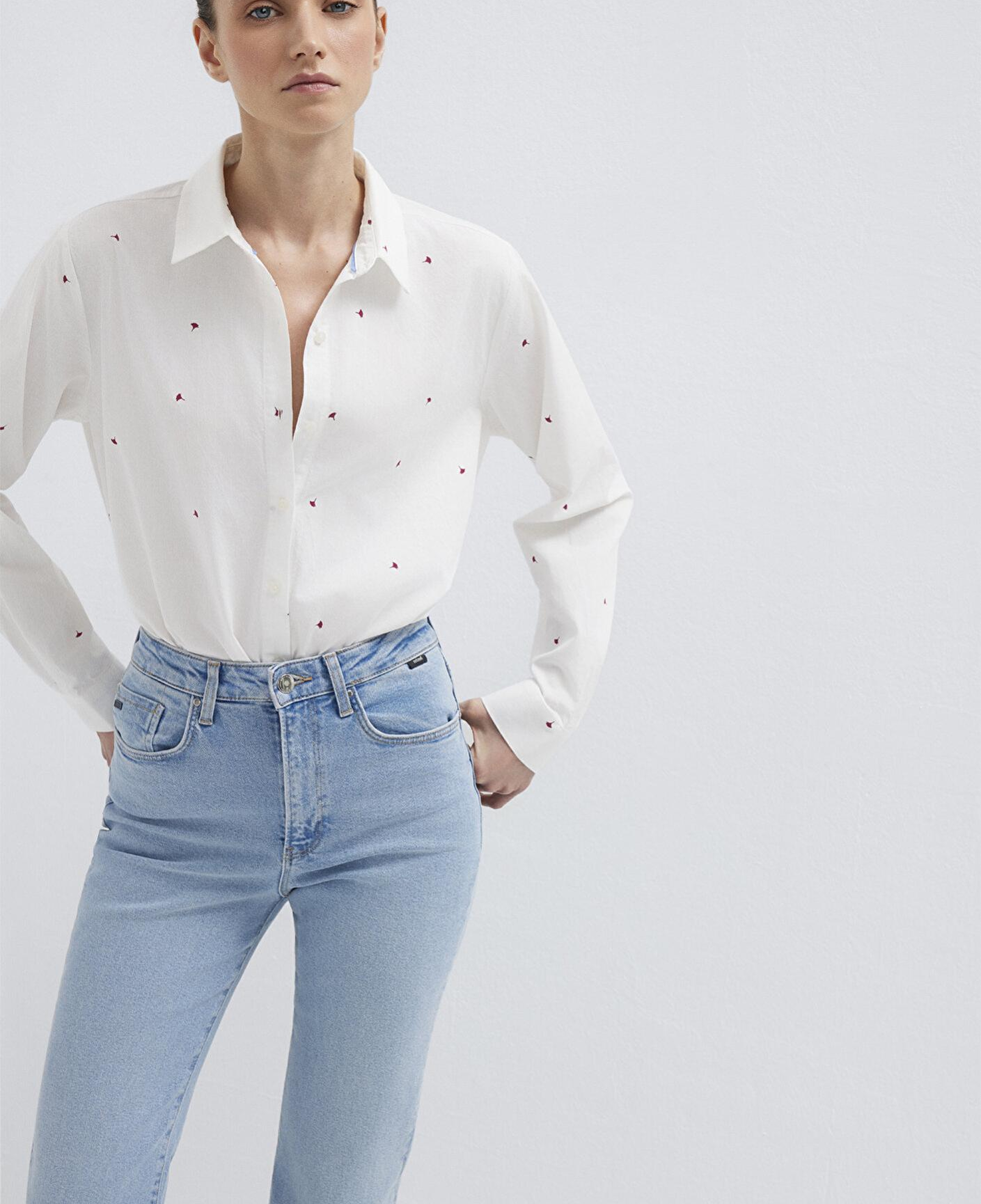 Mavi Çiçek Baskılı Ekru Gömlek Loose Fit / Bol Rahat Kesim 1210610-91381