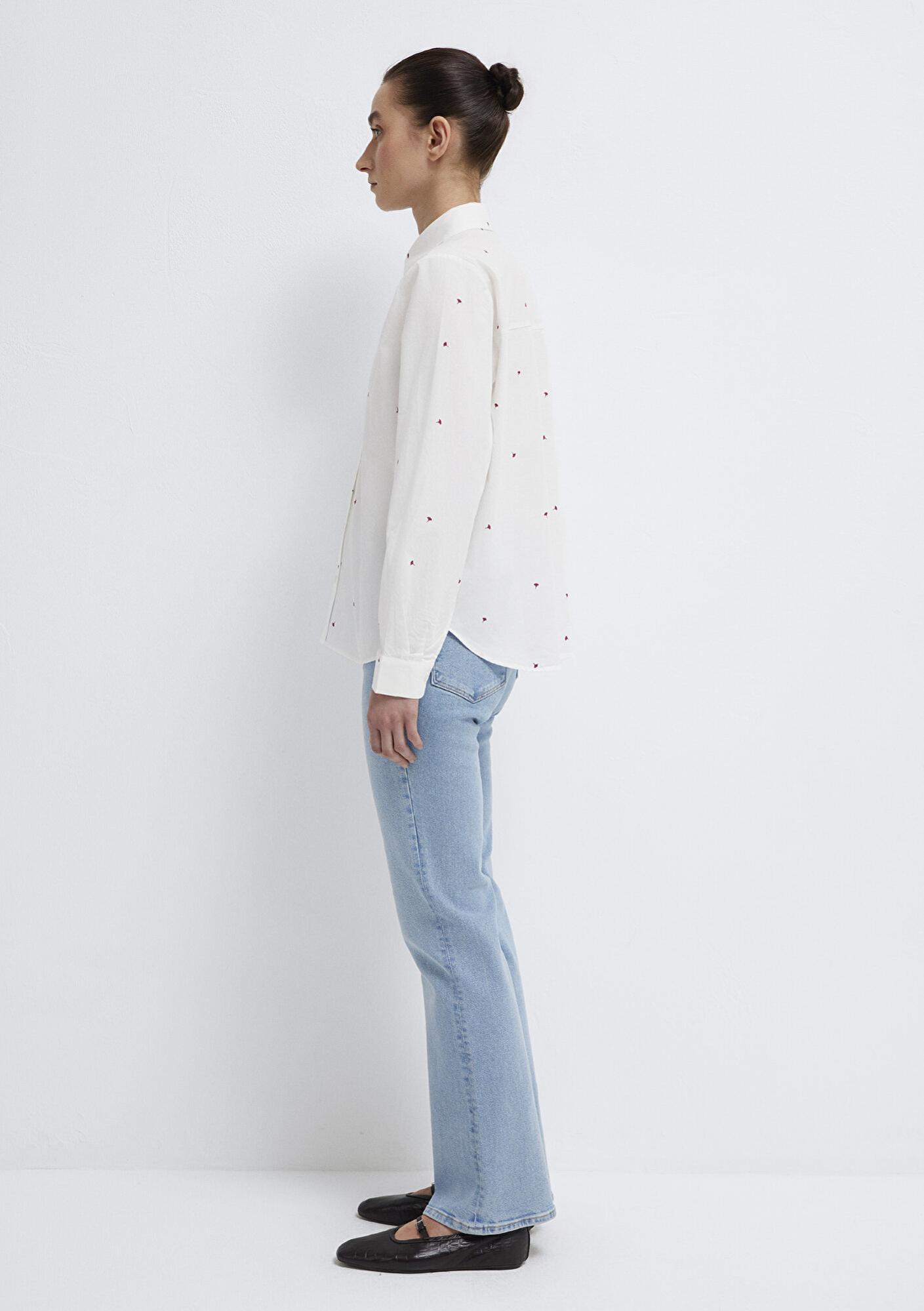 Mavi Çiçek Baskılı Ekru Gömlek Loose Fit / Bol Rahat Kesim 1210610-91381