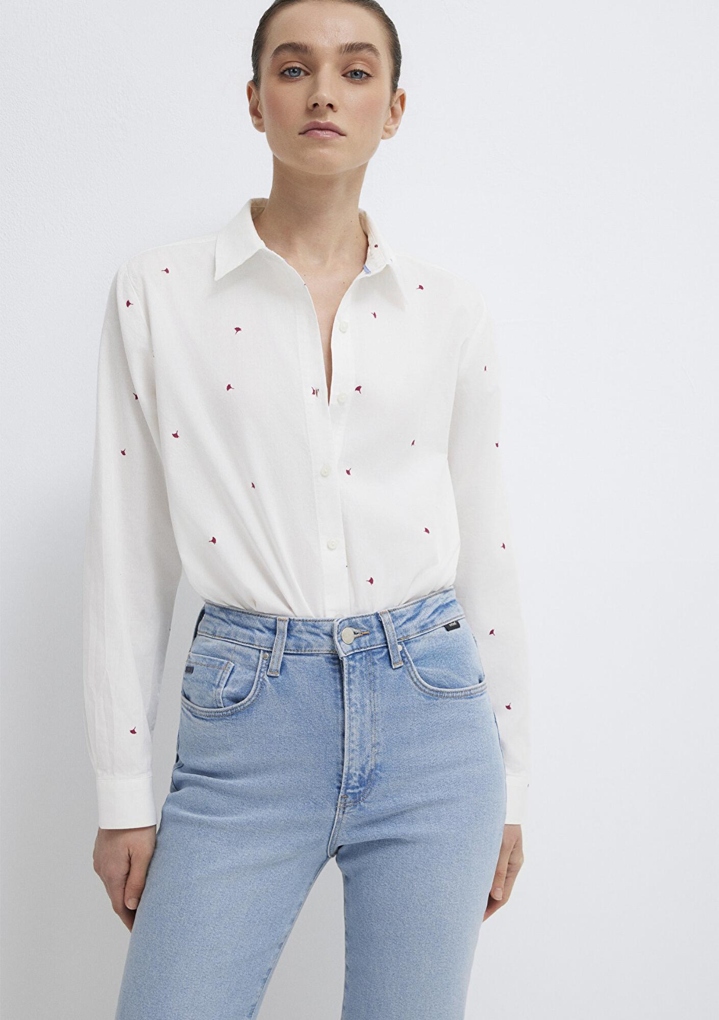 Mavi Çiçek Baskılı Ekru Gömlek Loose Fit / Bol Rahat Kesim 1210610-91381