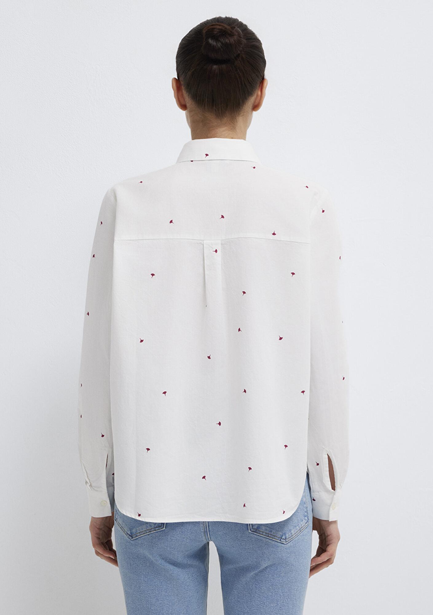 Mavi Çiçek Baskılı Ekru Gömlek Loose Fit / Bol Rahat Kesim 1210610-91381